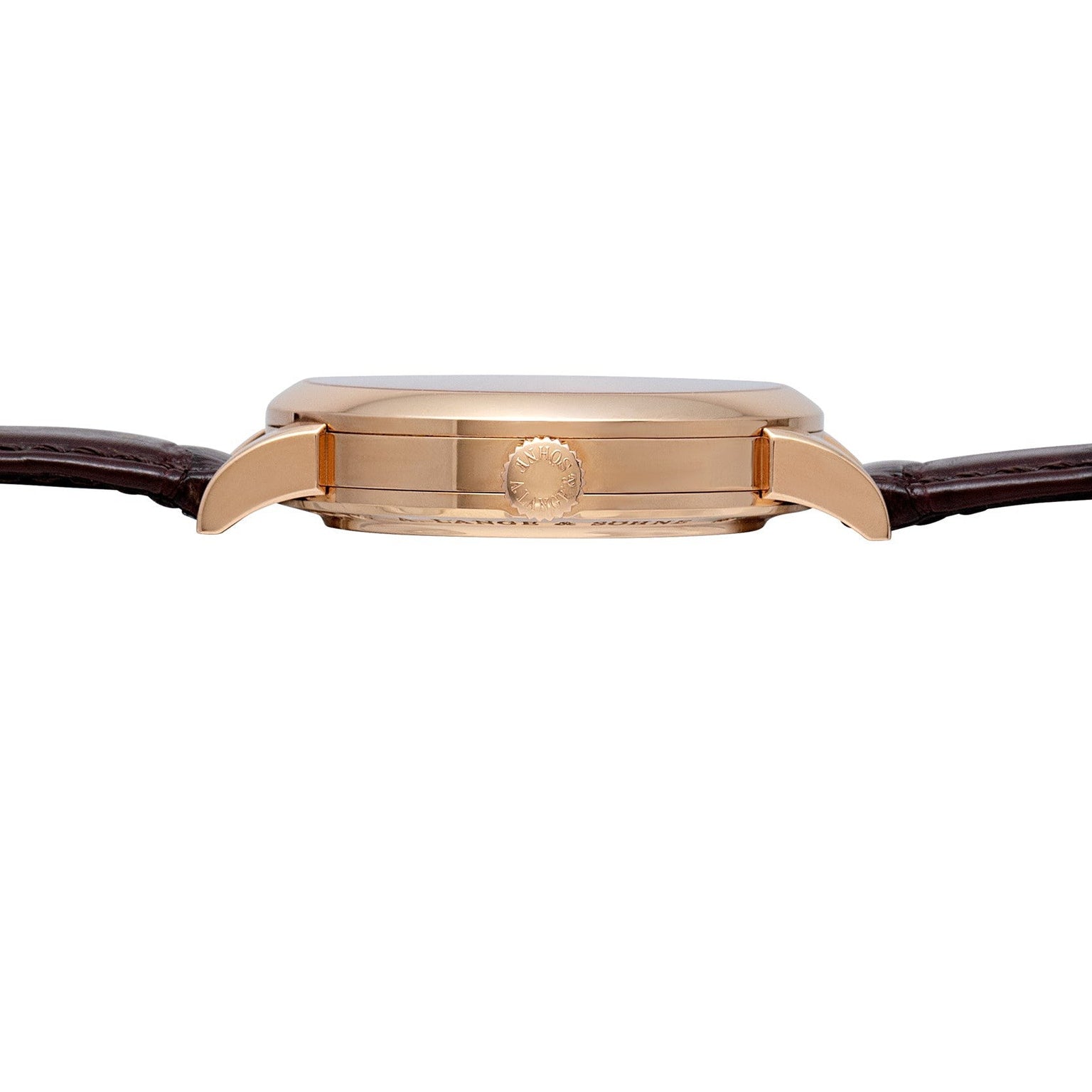 Side view of the Lange & Sohne Richard Lange gold wristwatch featuring a brown leather strap and a central crown.