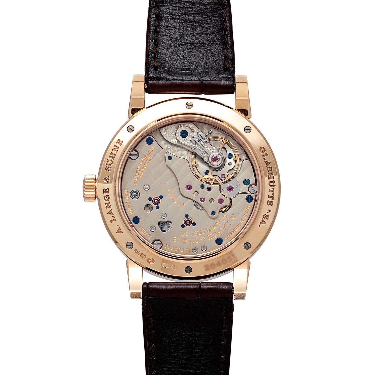 Close-up of the Richard Lange by Lange & Sohne, featuring an exposed mechanical movement, gold case, and black leather strap.