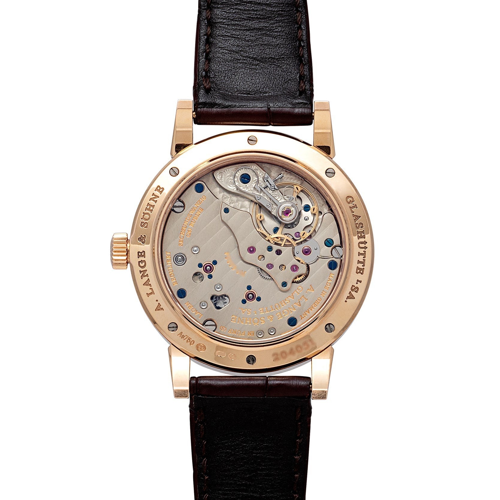 Close-up of the Richard Lange by Lange & Sohne, featuring an exposed mechanical movement, gold case, and black leather strap.