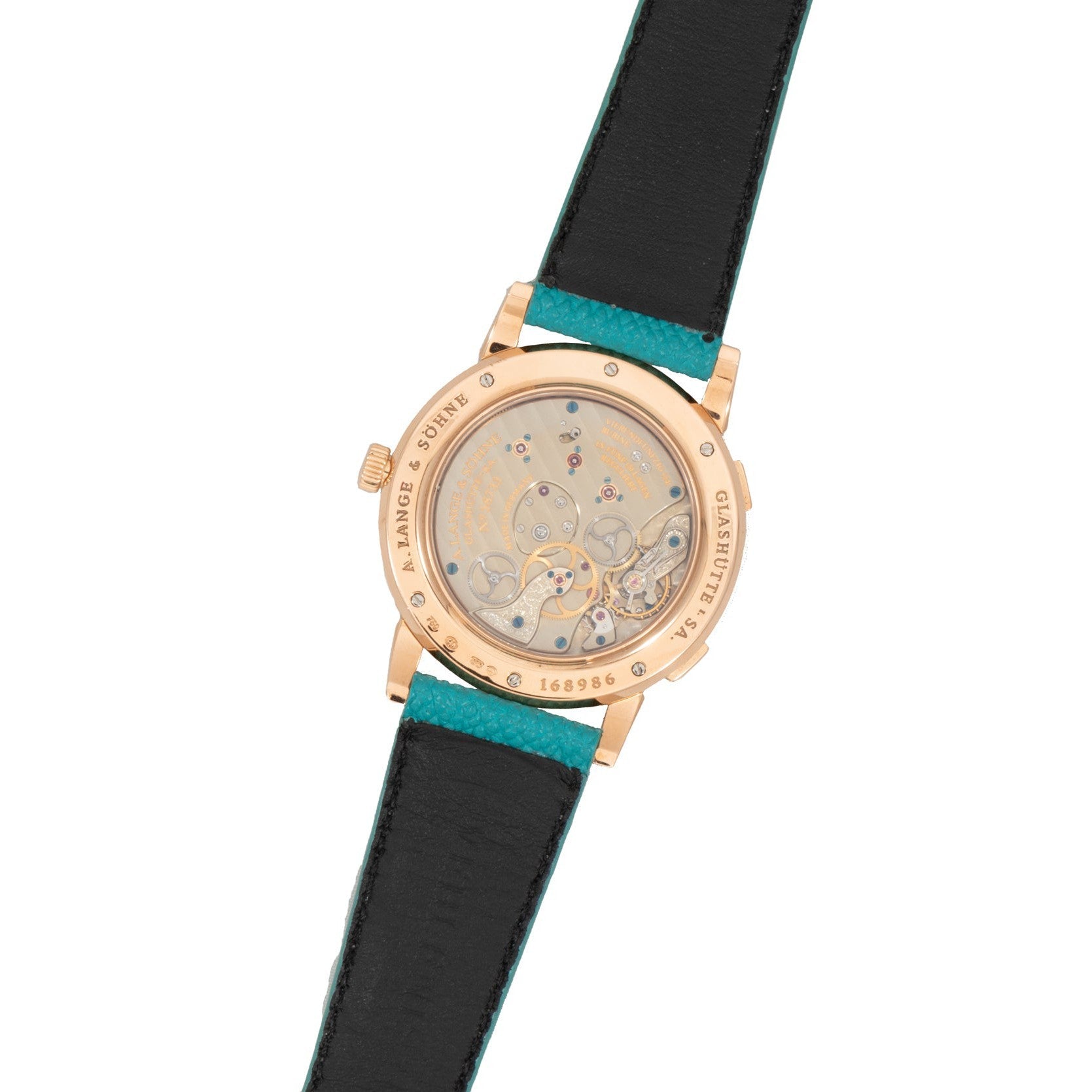 Back view of the Lange & Sohne Lange 1 Timezone luxury wristwatch, featuring an exposed mechanical movement and a black leather strap.