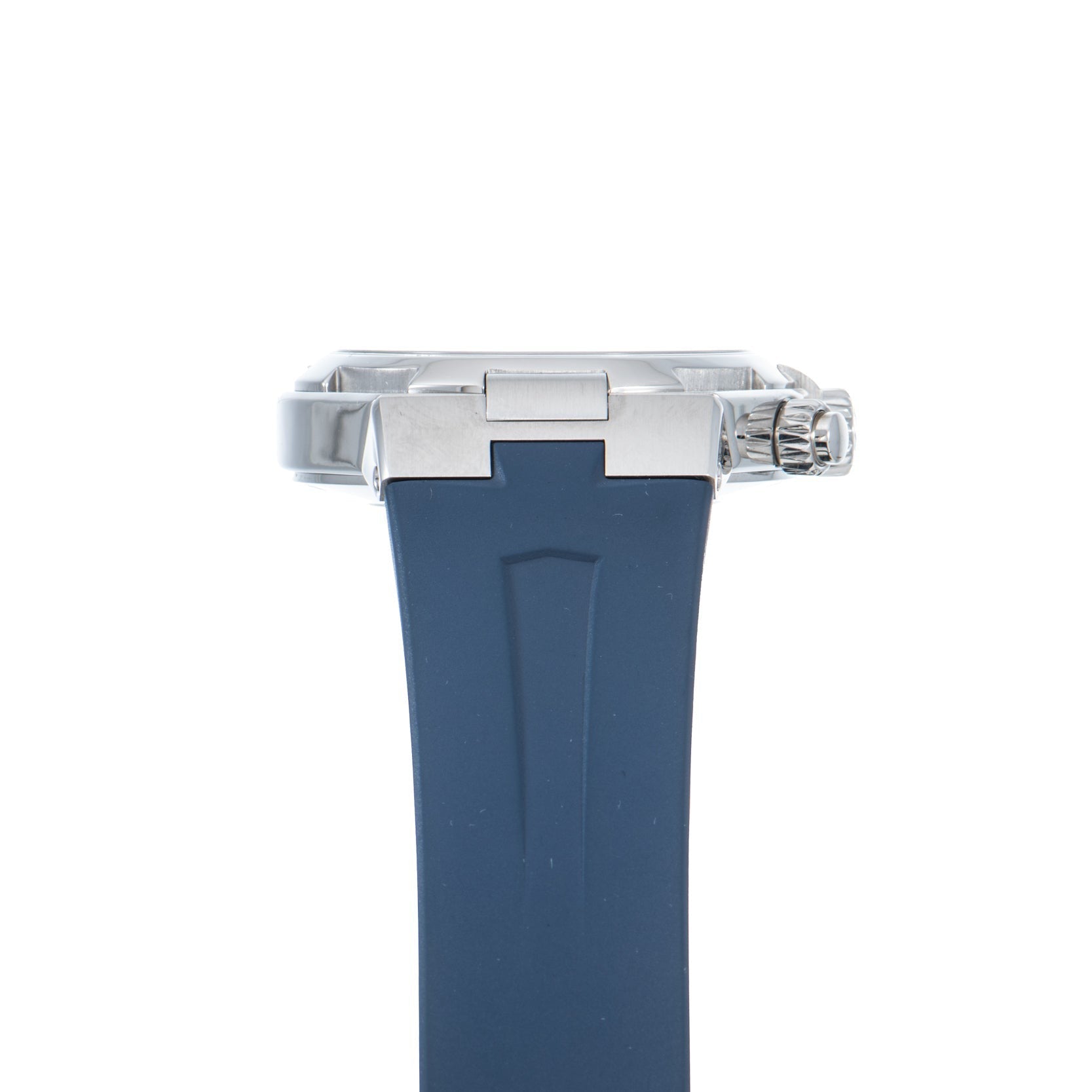 Side view of the Vacheron Constantin Overseas Chronograph, featuring a silver case, blue rubber strap, and metal crown.