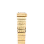 A Patek Philippe Yellow Gold Integrated Dress Watch is displayed vertically from the side, emphasizing its textured metal band.