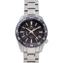 Grand Seiko watch with black dial and silver metal strap on a white background