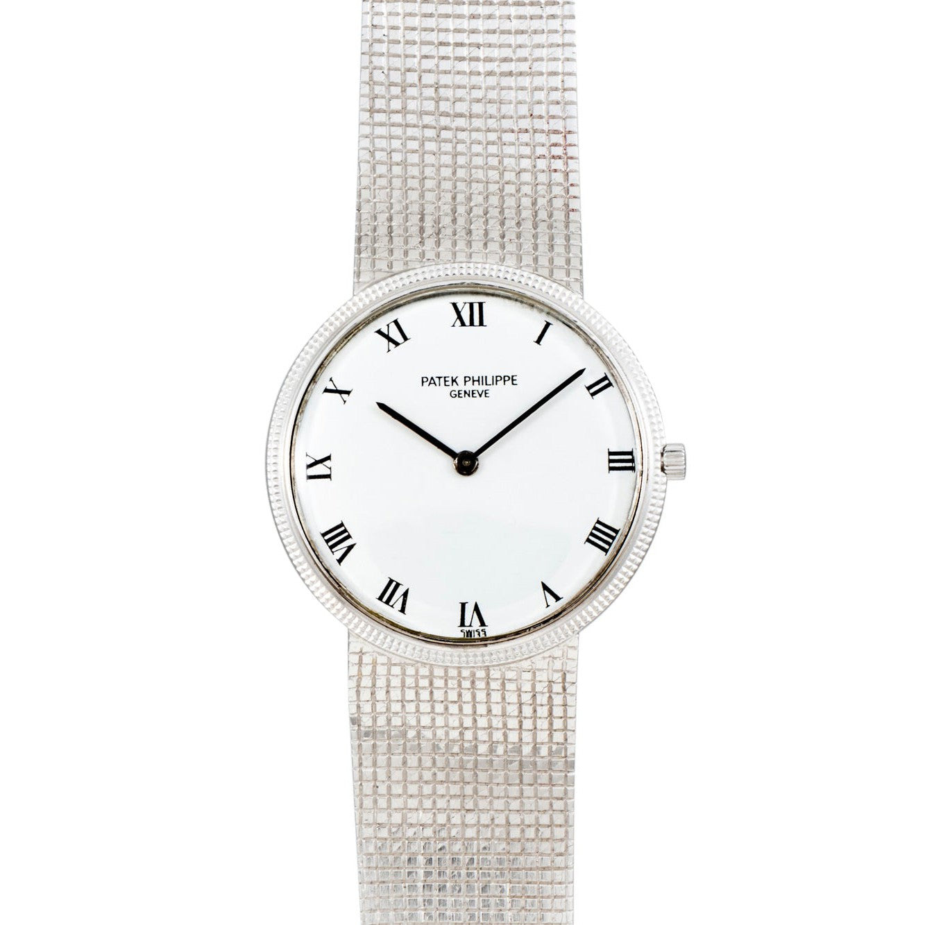 A silver Patek Philippe Calatrava wristwatch featuring a white face with black Roman numerals.