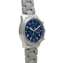 The Breitling Navitimer 8 Chronograph wristwatch features a blue dial with three subdials and a metal link band and is displayed at an angle.