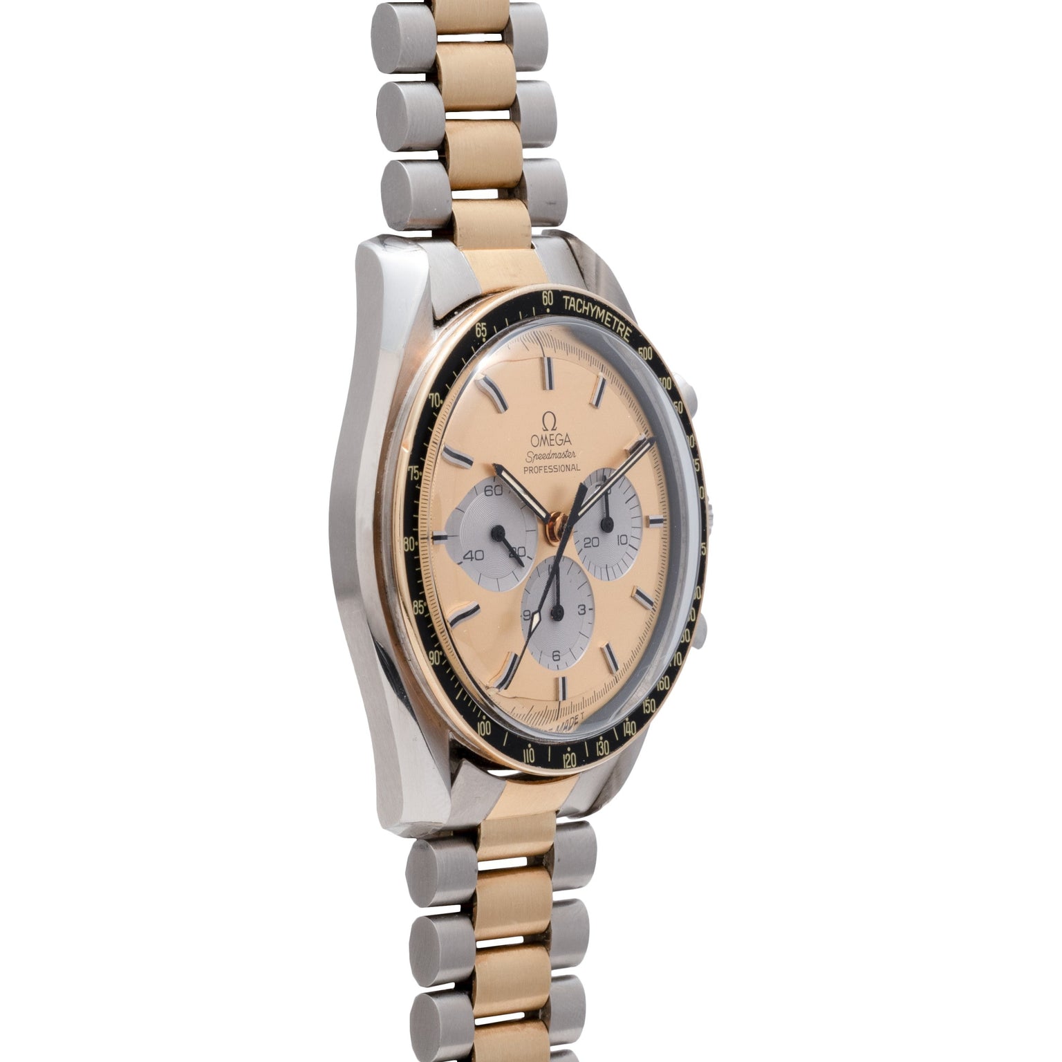 The OMEGA Speedmaster Professional Two-Tone wristwatch features a gold and silver band with a gold dial, displayed from a side view.
