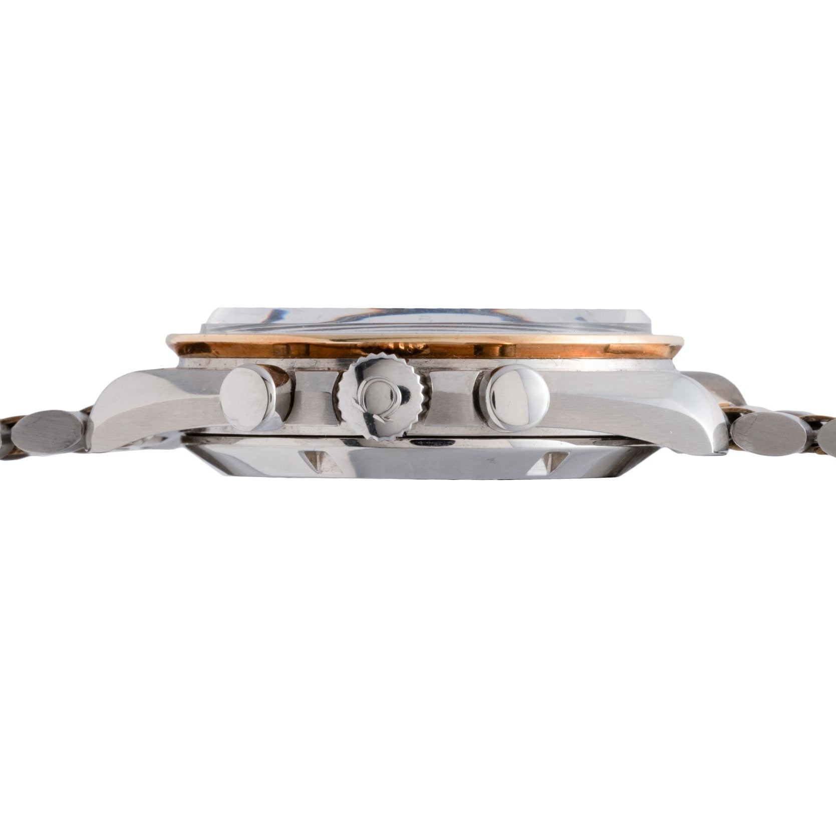 Side view of the OMEGA Speedmaster Professional Two-Tone, featuring a silver metal band, crown, and visible case with buttons.