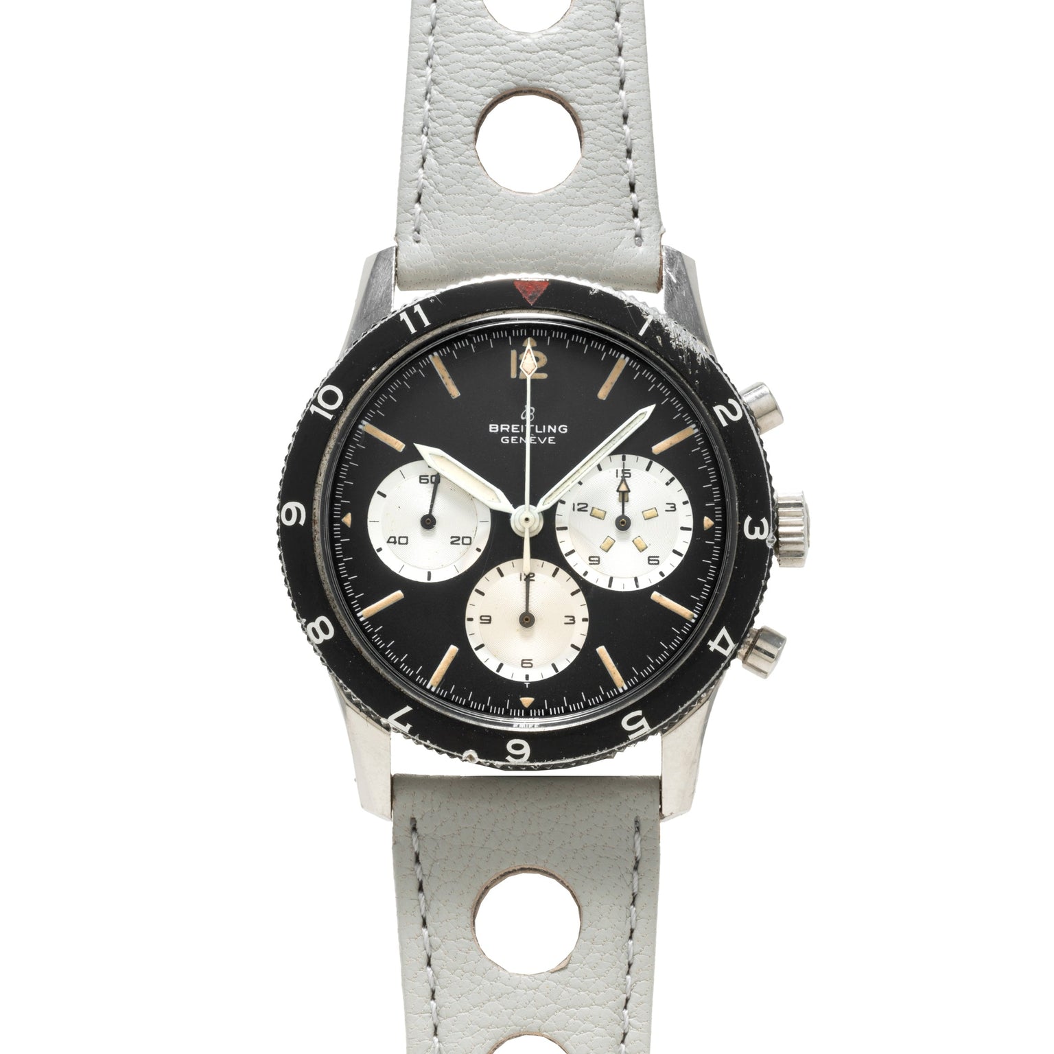 The Breitling Co-Pilot Chronograph features a black dial, white subdials, and a light gray leather strap.