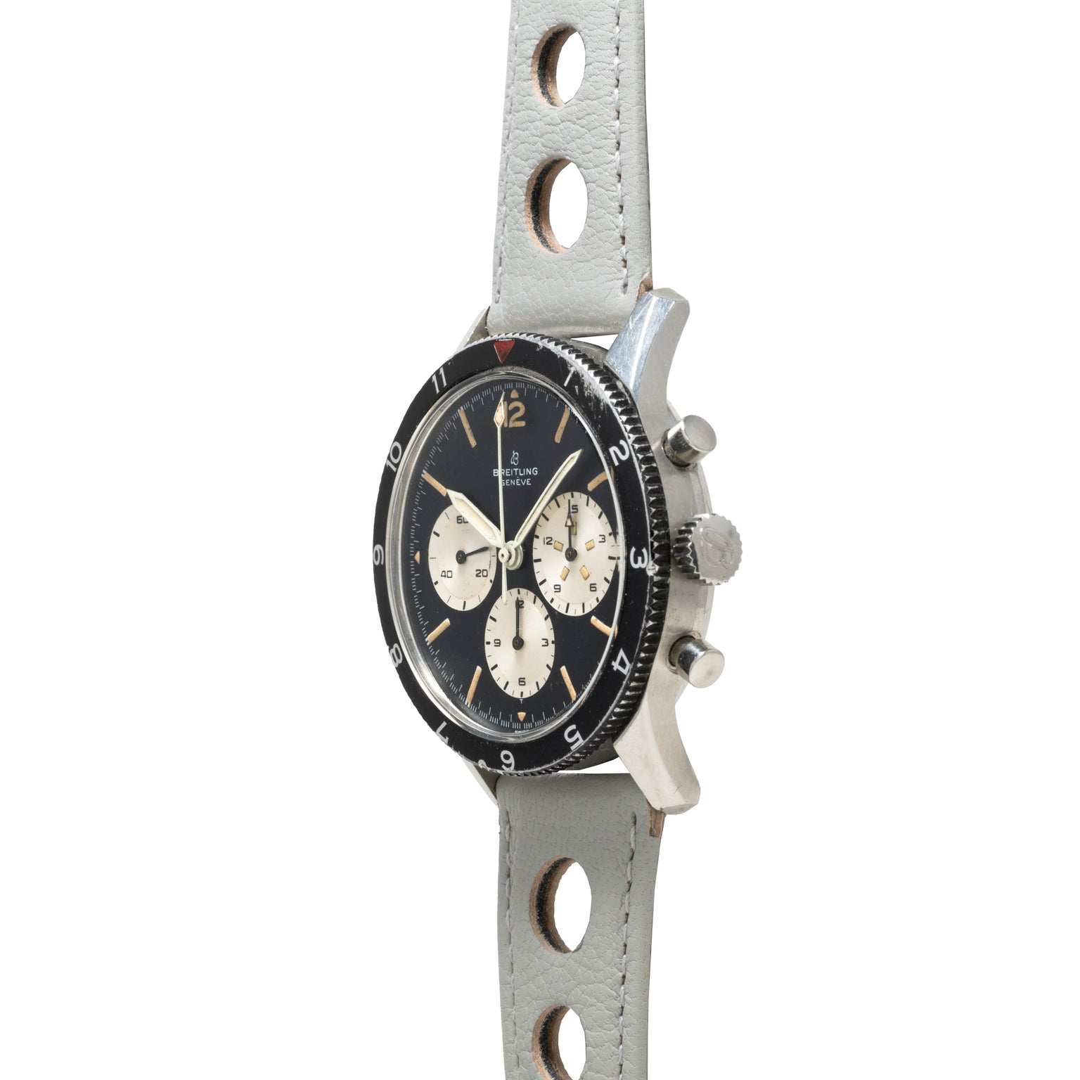 Side view of the Breitling Co-Pilot Chronograph, featuring a black dial and gray perforated leather strap.