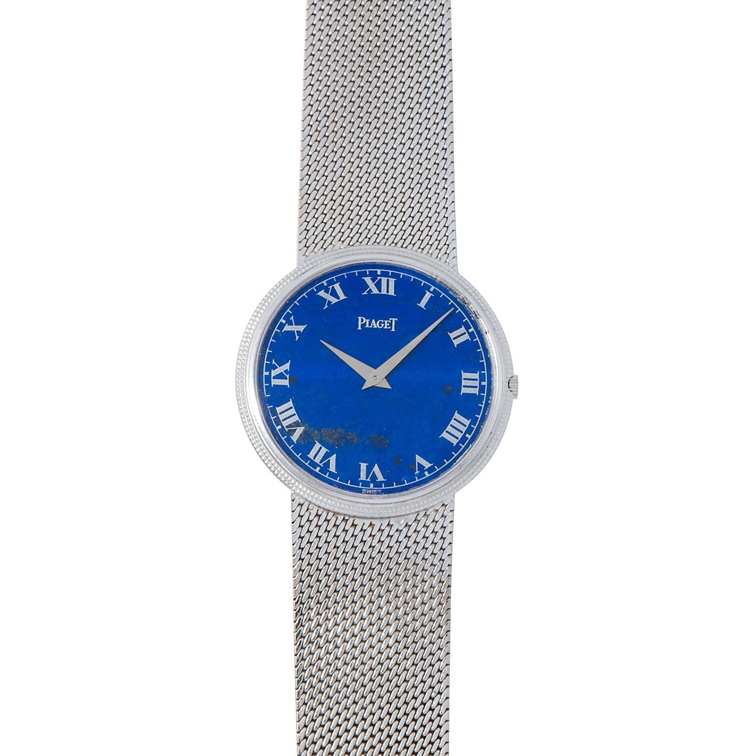 The Piaget Lapis Lazuli Dress Watch features a silver mesh band, blue face, and Roman numerals with the Piaget logo on the dial.