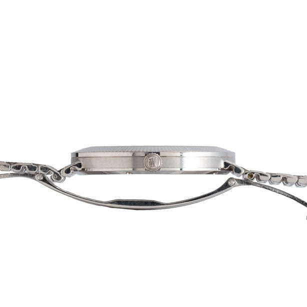 Side view of the Audemars Piguet Classic White Gold Ultra-Thin wristwatch, featuring a slim silver case, metal band, and visible crown.