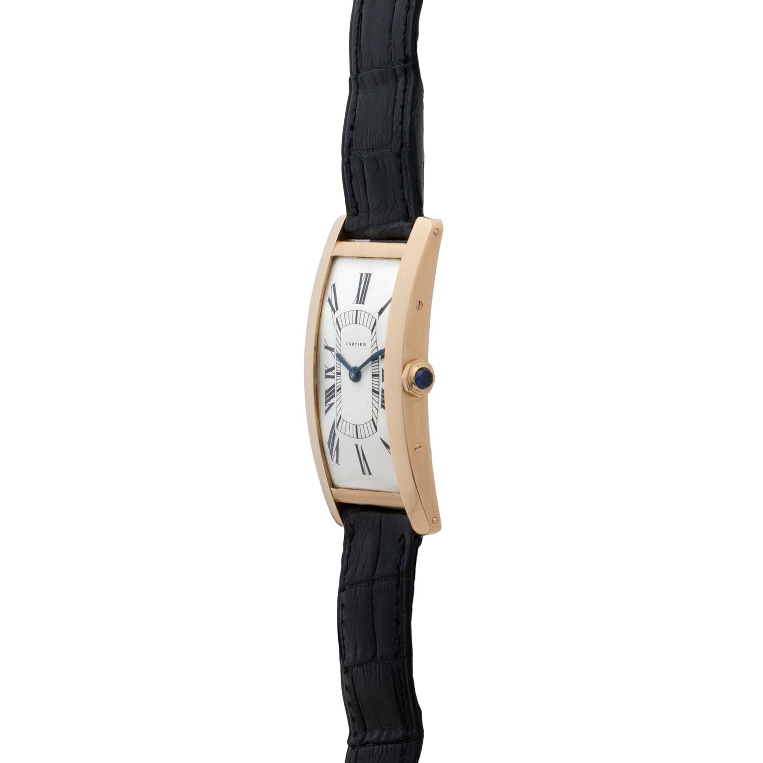 Side view of the Cartier Tank Cintrée Jumbo gold wristwatch featuring a white face, black Roman numerals, and a black leather strap.
