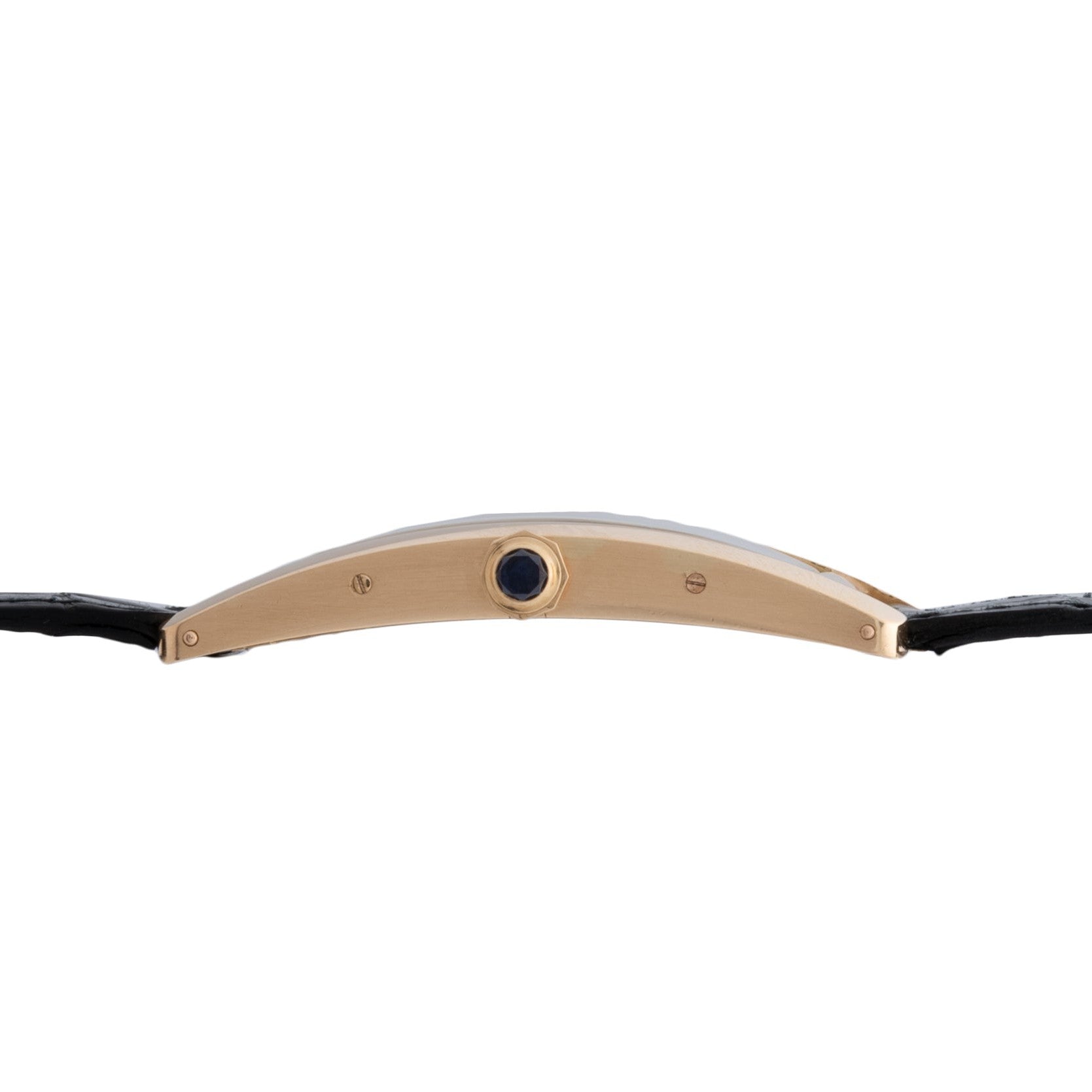 Side view of the Cartier Tank Cintrée Jumbo with a slim gold case, black crown, and black leather straps.