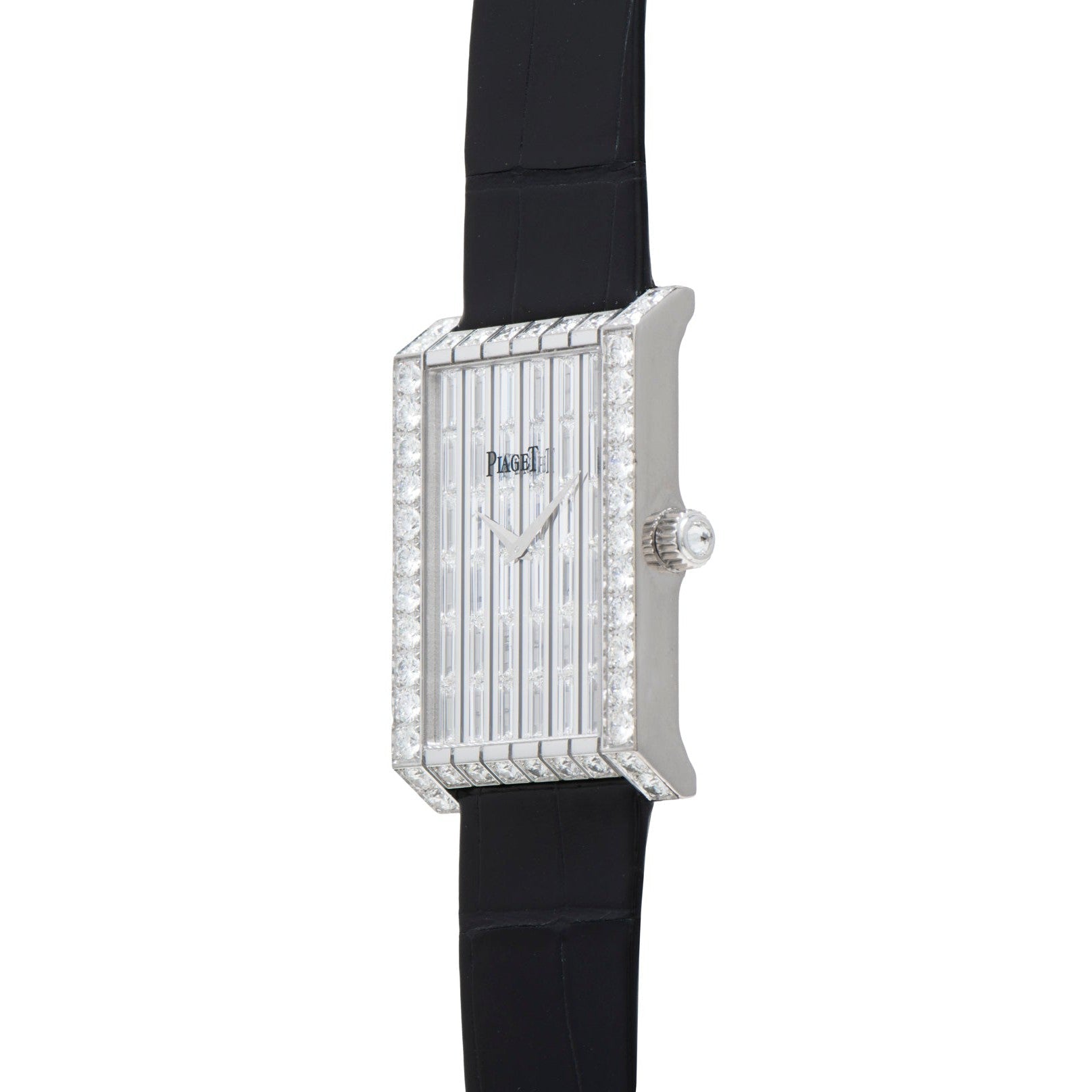 The Piaget Limelight Baguette Diamond Dress Watch features a rectangular silver case, a diamond-encrusted bezel, two-hand display, and a black leather strap.