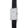 The Piaget Limelight Baguette Diamond Dress Watch features a rectangular silver case, a diamond-encrusted bezel, two-hand display, and a black leather strap.