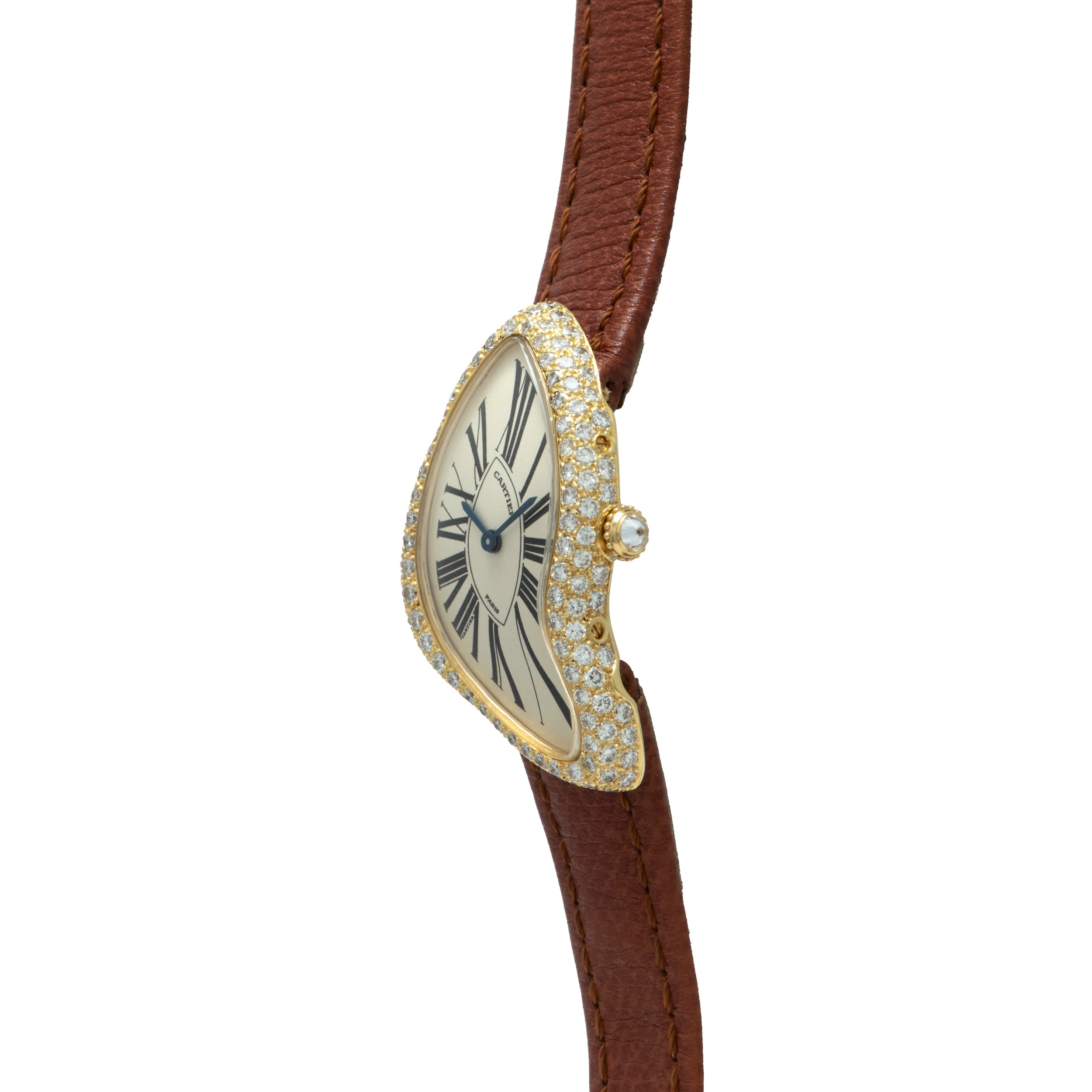 The Cartier Crash Diamonds is a gold, diamond-studded asymmetrical watch featuring a brown leather strap and Roman numerals.