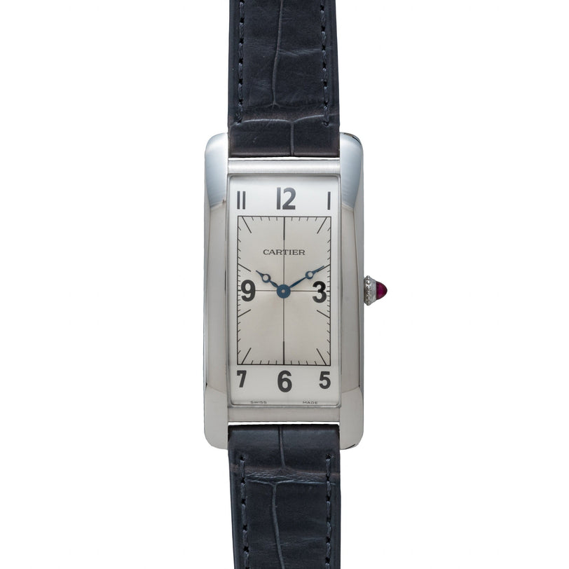 The Cartier Tank Cintrée Piece Unique is a rectangular wristwatch featuring a white dial, black leather strap, and silver case.
