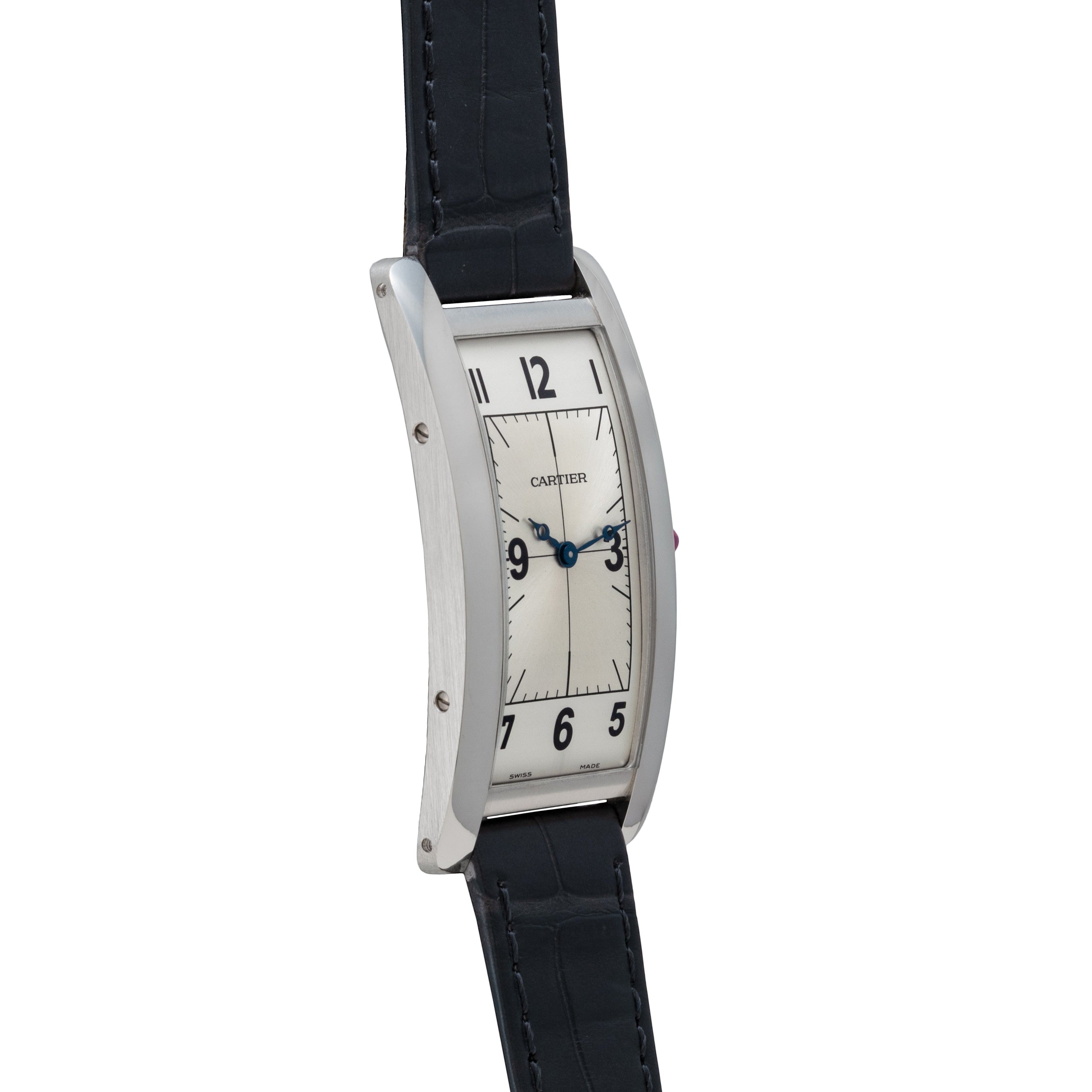 A Cartier Tank Cintrée Piece Unique wristwatch with a rectangular face and black leather strap, displaying the time 3:10.