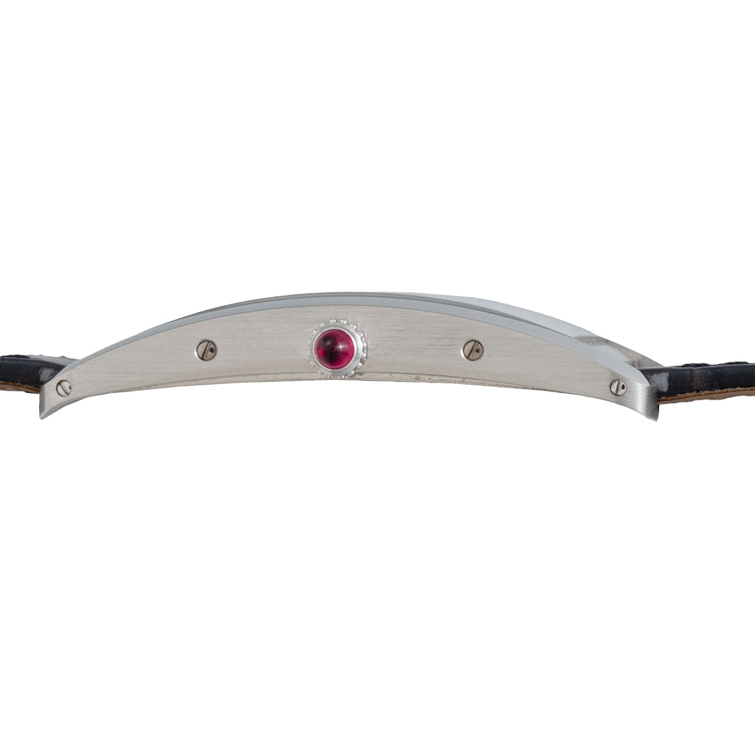 Side view of the Cartier Tank Cintrée Piece Unique, featuring a slim silver case, red crown, and black leather strap.