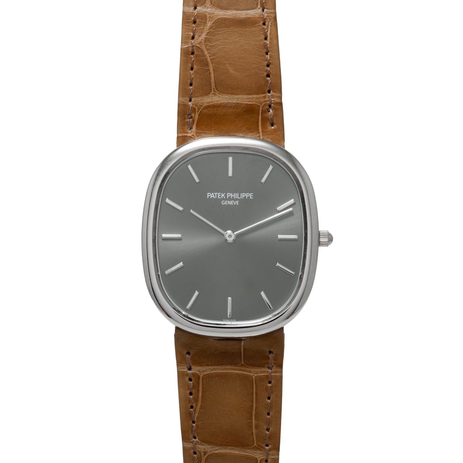 The Patek Philippe Ellipse wristwatch features a brown leather strap and a silver-toned dial.