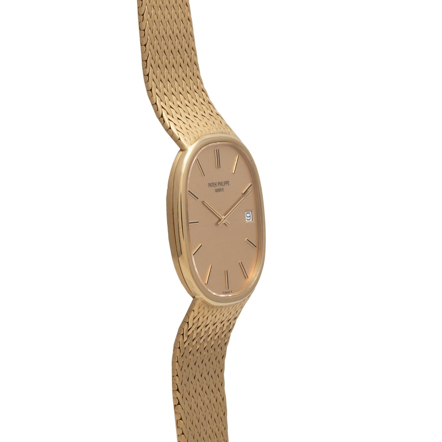 A gold Patek Philippe Ellipse Jumbo wristwatch with a woven band and minimalist oval face, shown from a side angle.