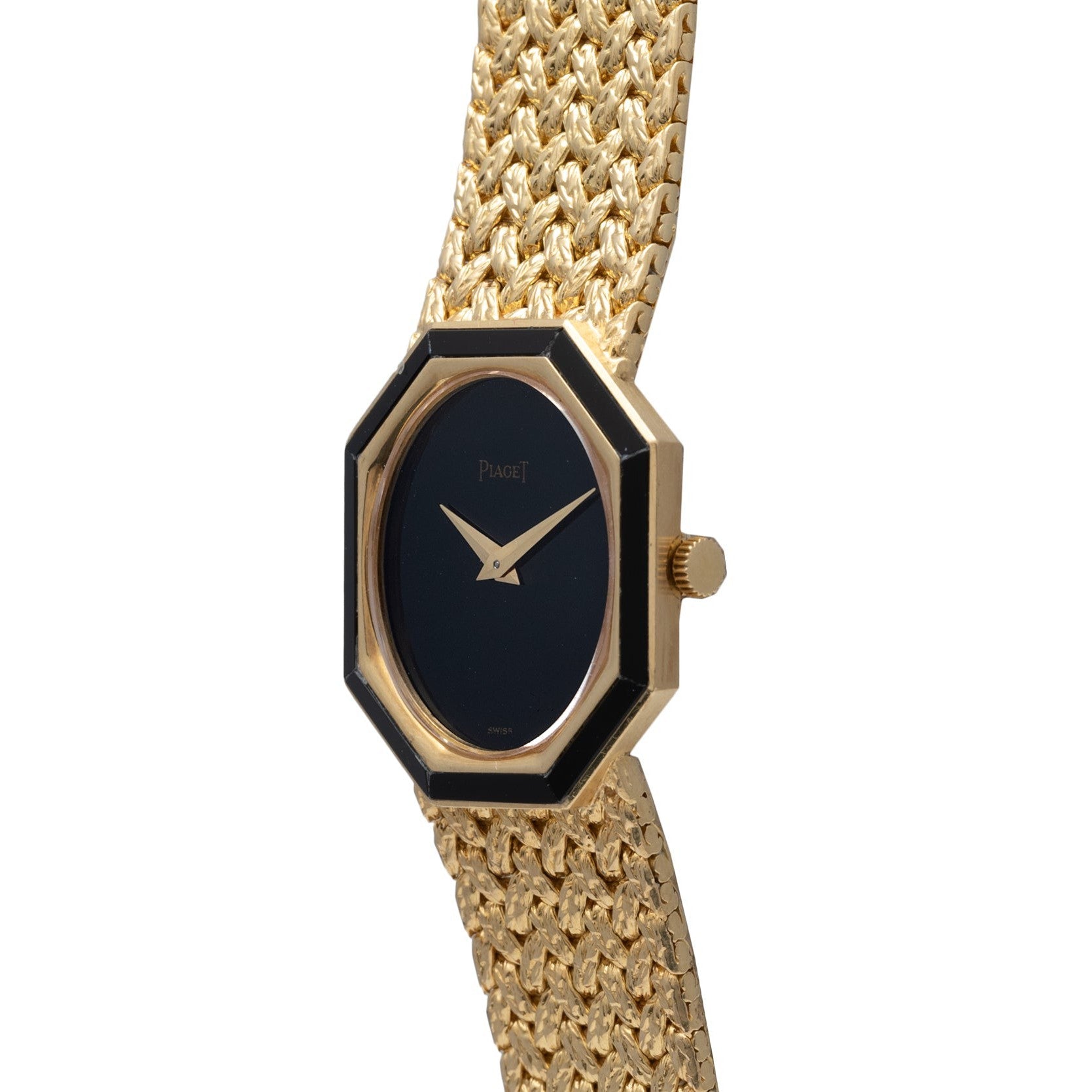 Piaget Onyx Dial gold wristwatch featuring a black octagonal face and a woven gold band, shown from a side angle.