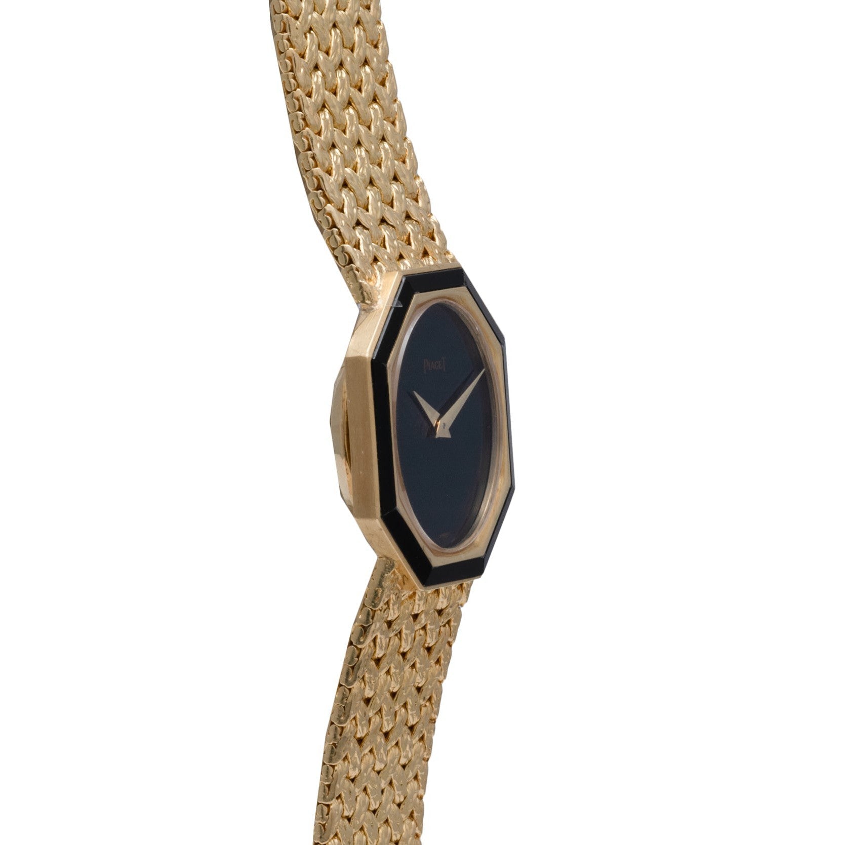Piaget Onyx Dial wristwatch featuring a black octagonal face and woven metal band, displayed at an angle on a white background.