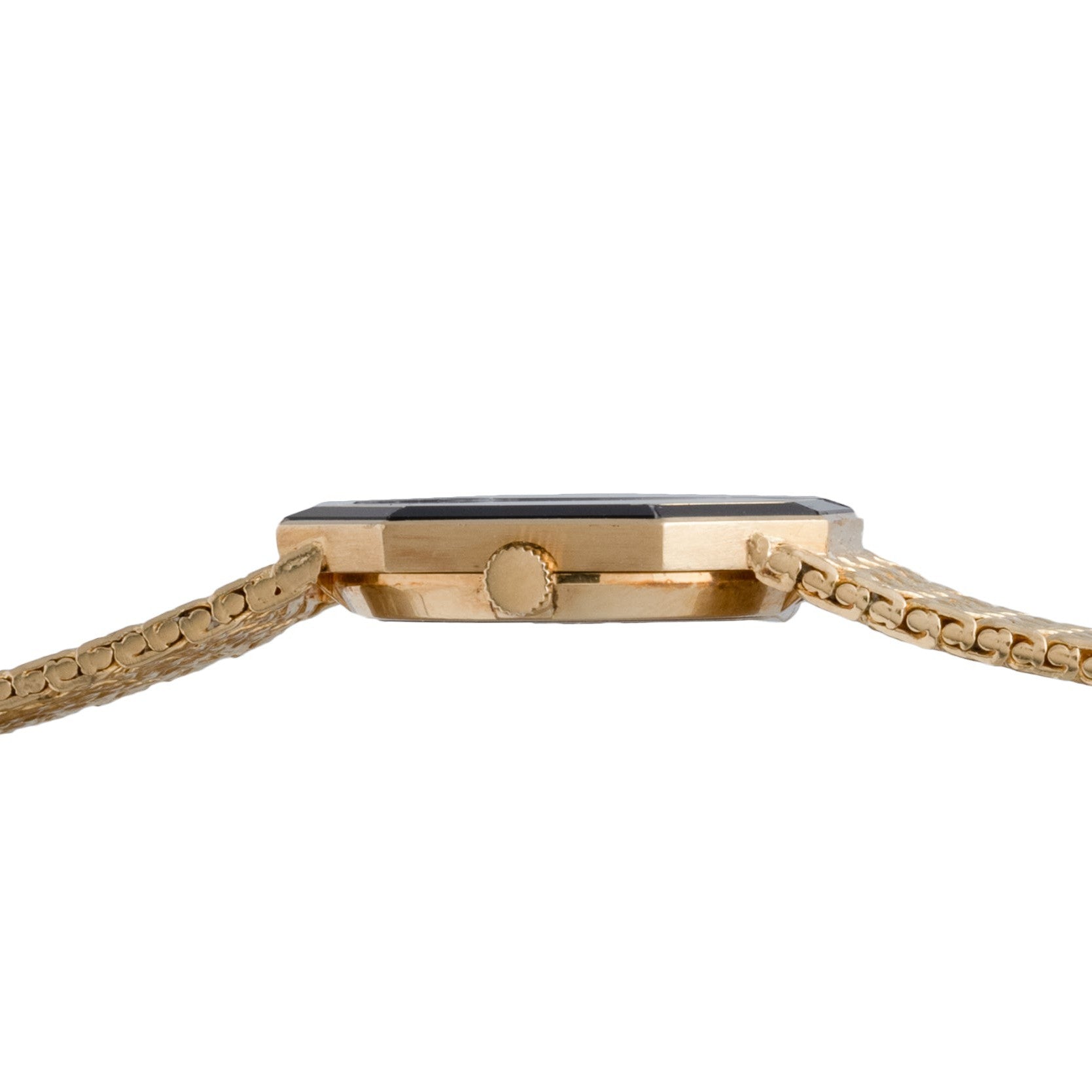 Side view of the Piaget Onyx Dial gold wristwatch featuring a textured band and round crown.