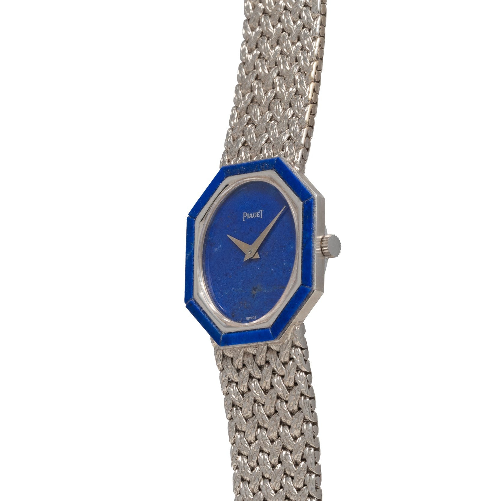 The Piaget Lapis Lazuli White Gold Dress Watch features a blue octagonal face and textured metal band, displaying 10:10.