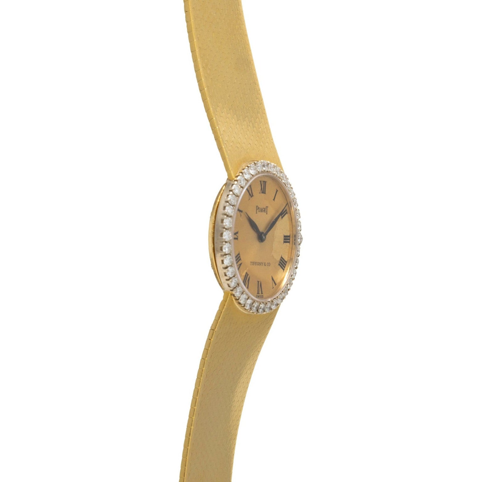 Piaget Ladies Diamond Watch Tiffany & Co. with diamond bezel and Roman numerals, displayed from a side angle on a white background.