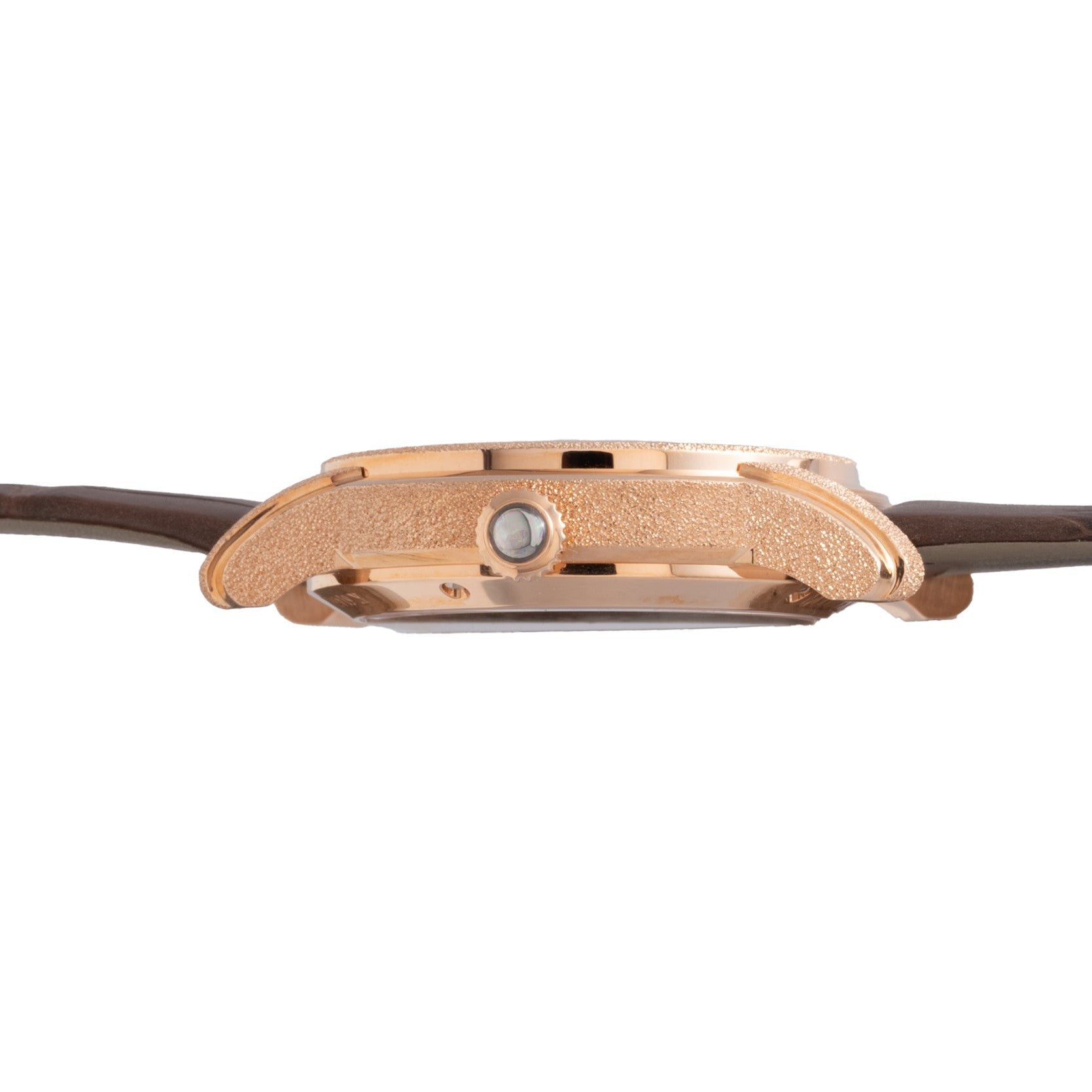 Side view of the Audemars Piguet Millenary Philosophique gold wristwatch featuring a brown leather strap and textured casing.