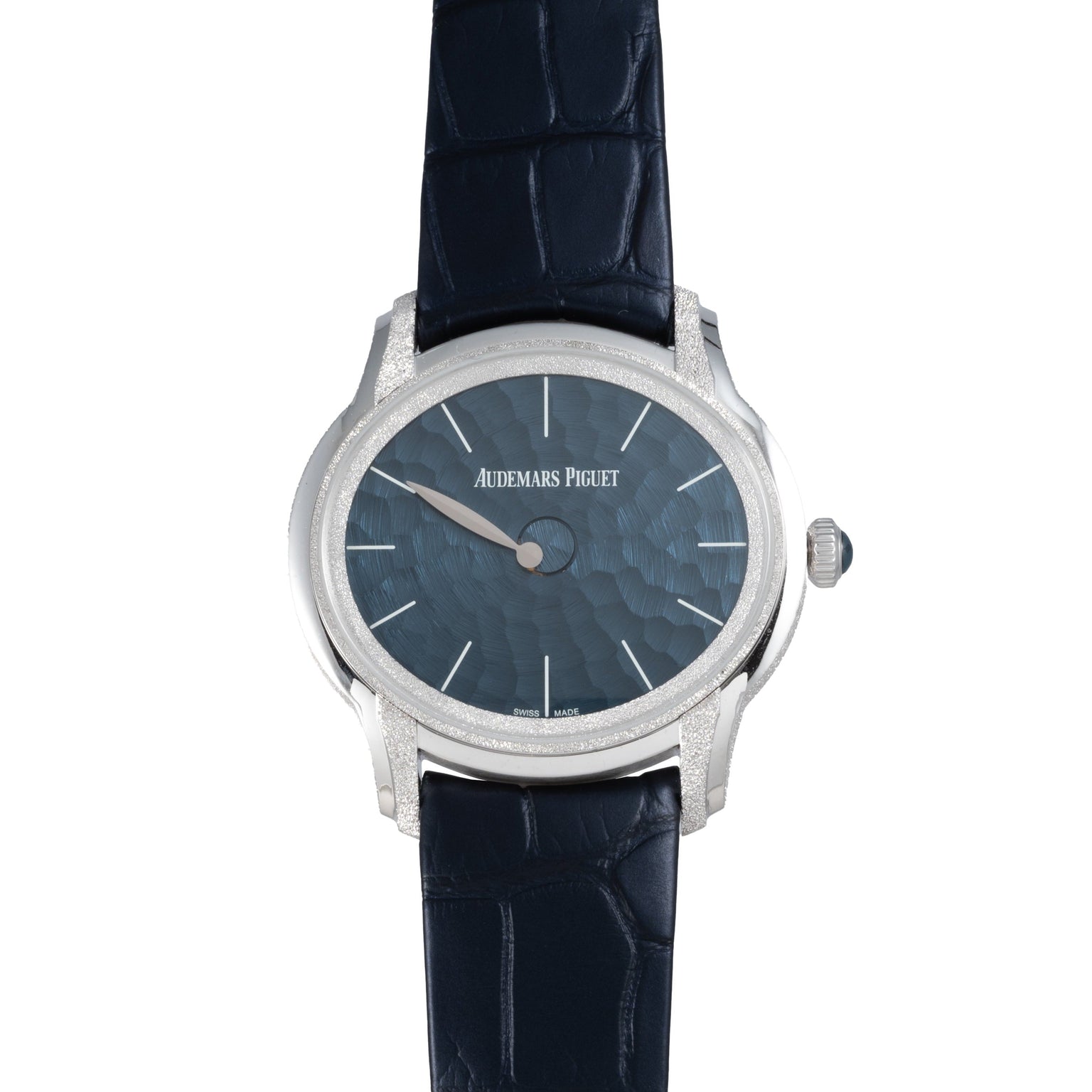 Audemars Piguet Millenary Philosophique: a silver wristwatch featuring a blue textured dial and a dark blue leather strap.