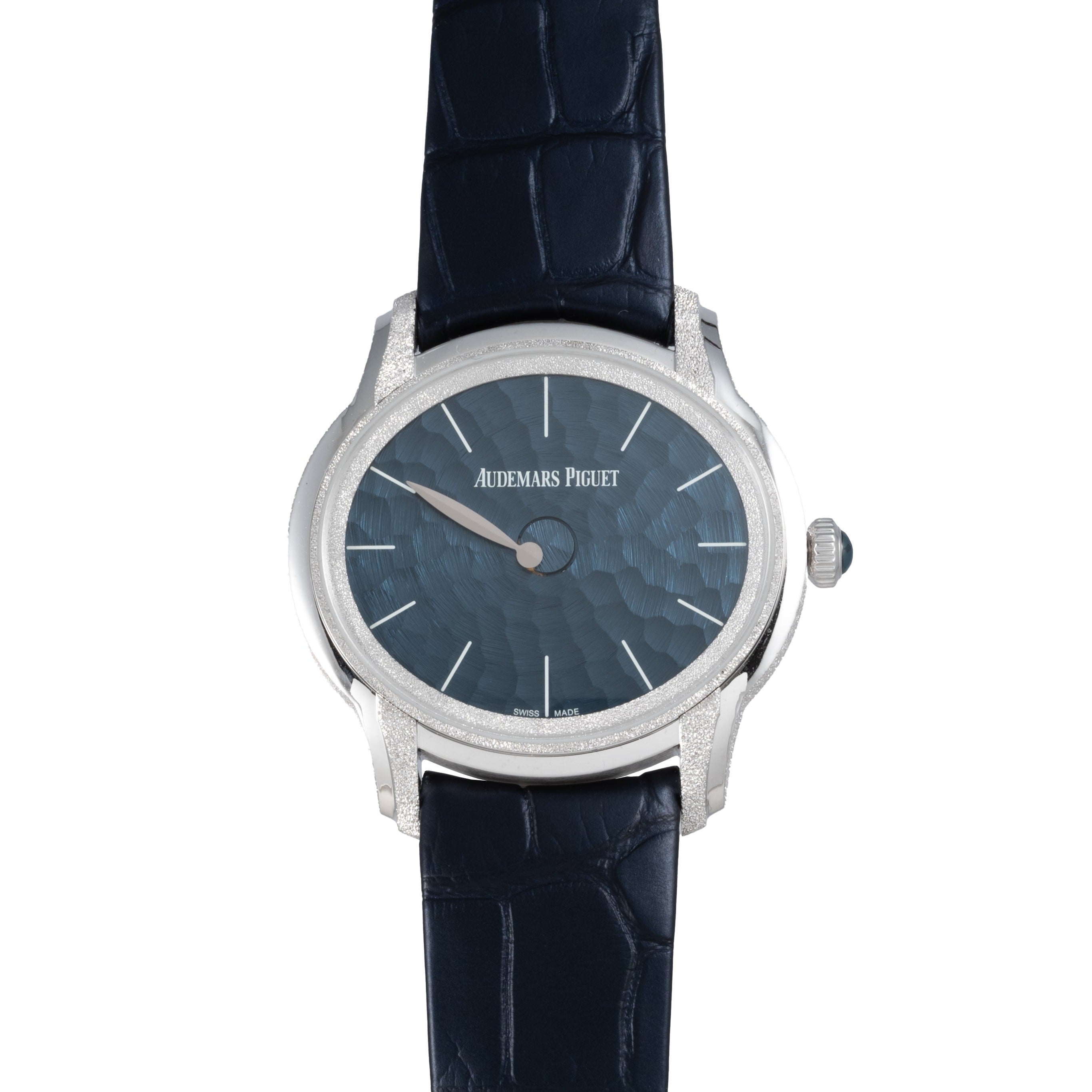 Audemars Piguet Millenary Philosophique: a silver wristwatch featuring a blue textured dial and a dark blue leather strap.