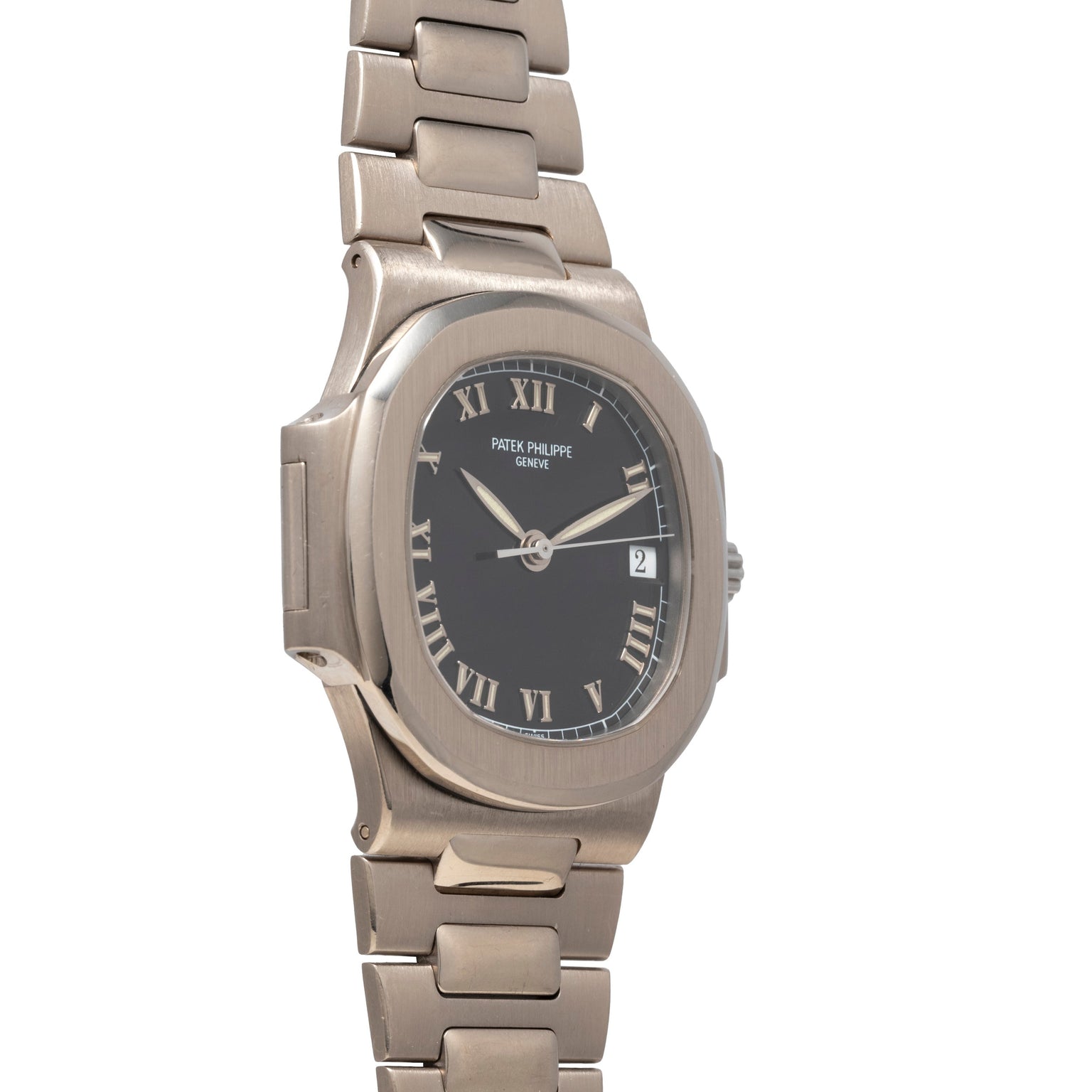Patek Philippe Nautilus silver wristwatch with black dial, Roman numerals, and metal link band, shown in an angled view.