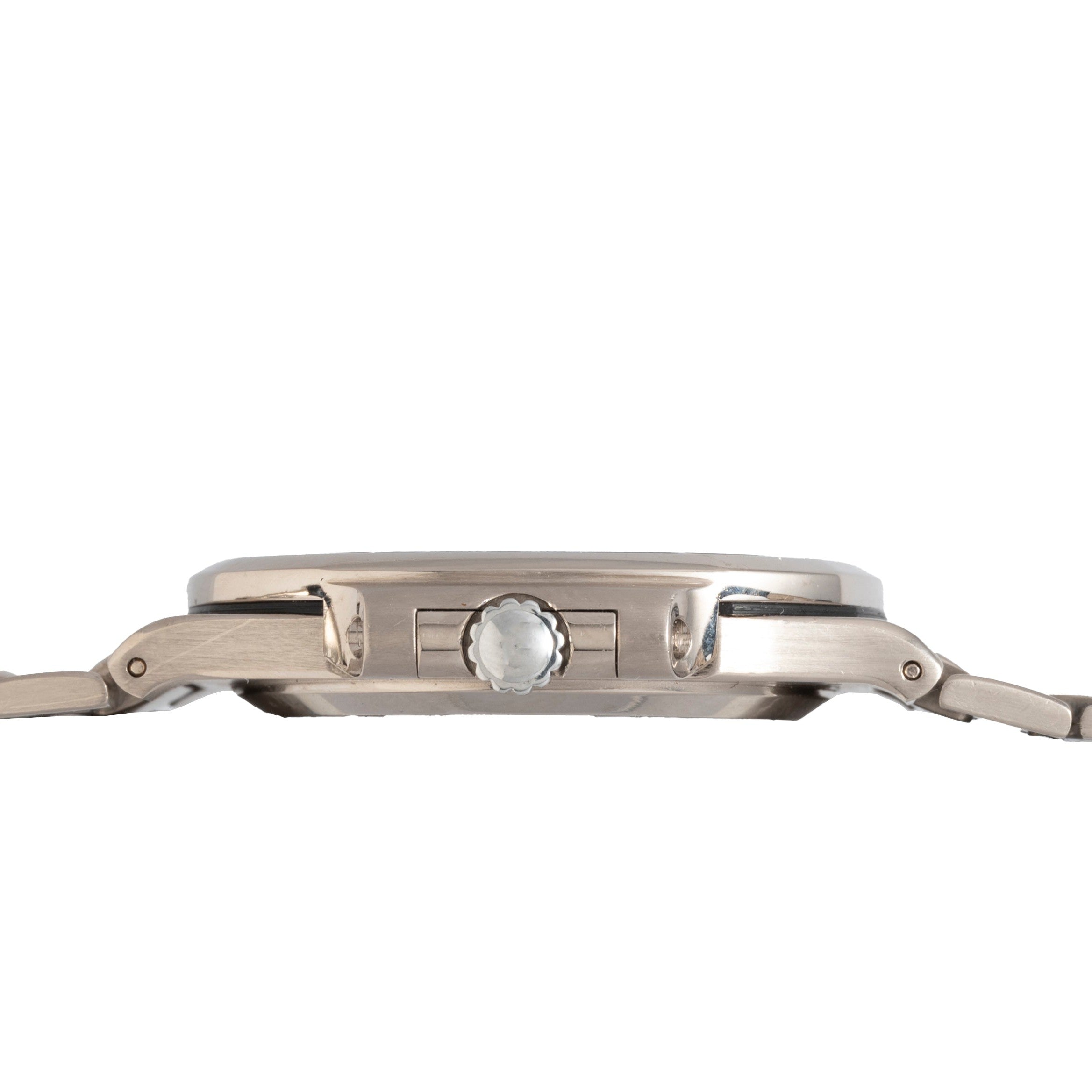 Side view of the Patek Philippe Nautilus wristwatch in silver, highlighting the crown and a section of its metal bracelet.