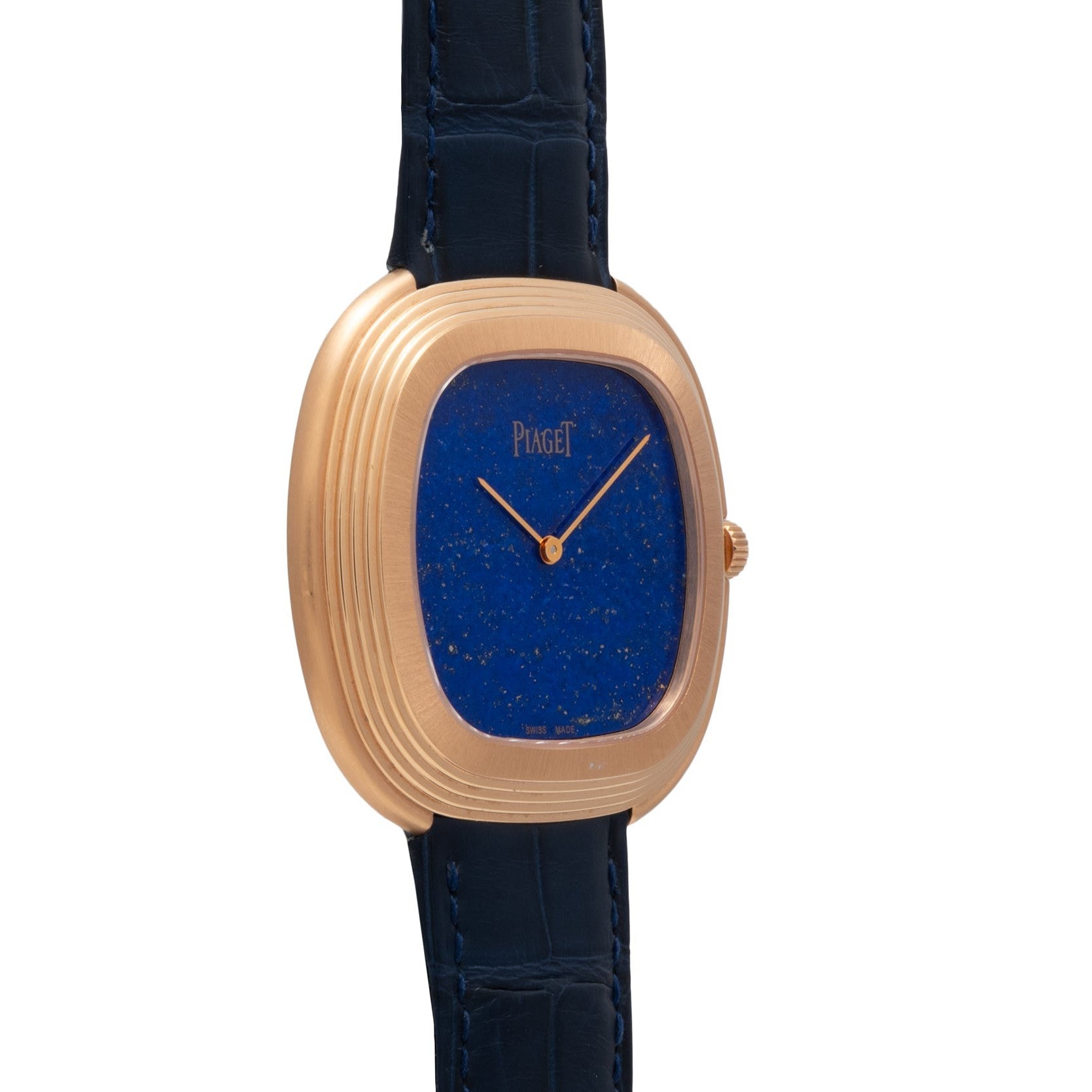 Piaget Black Tie Andy Warhol watch with a blue speckled dial and black leather strap, shown at an angle.