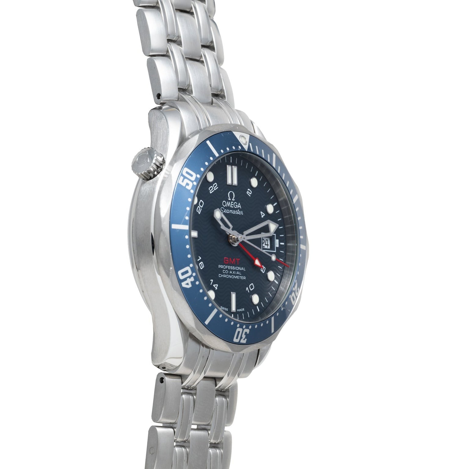 An OMEGA Seamaster 300 Professional GMT watch with a stainless steel case, blue bezel, and metal link bracelet, shown at an angle to highlight the dial.