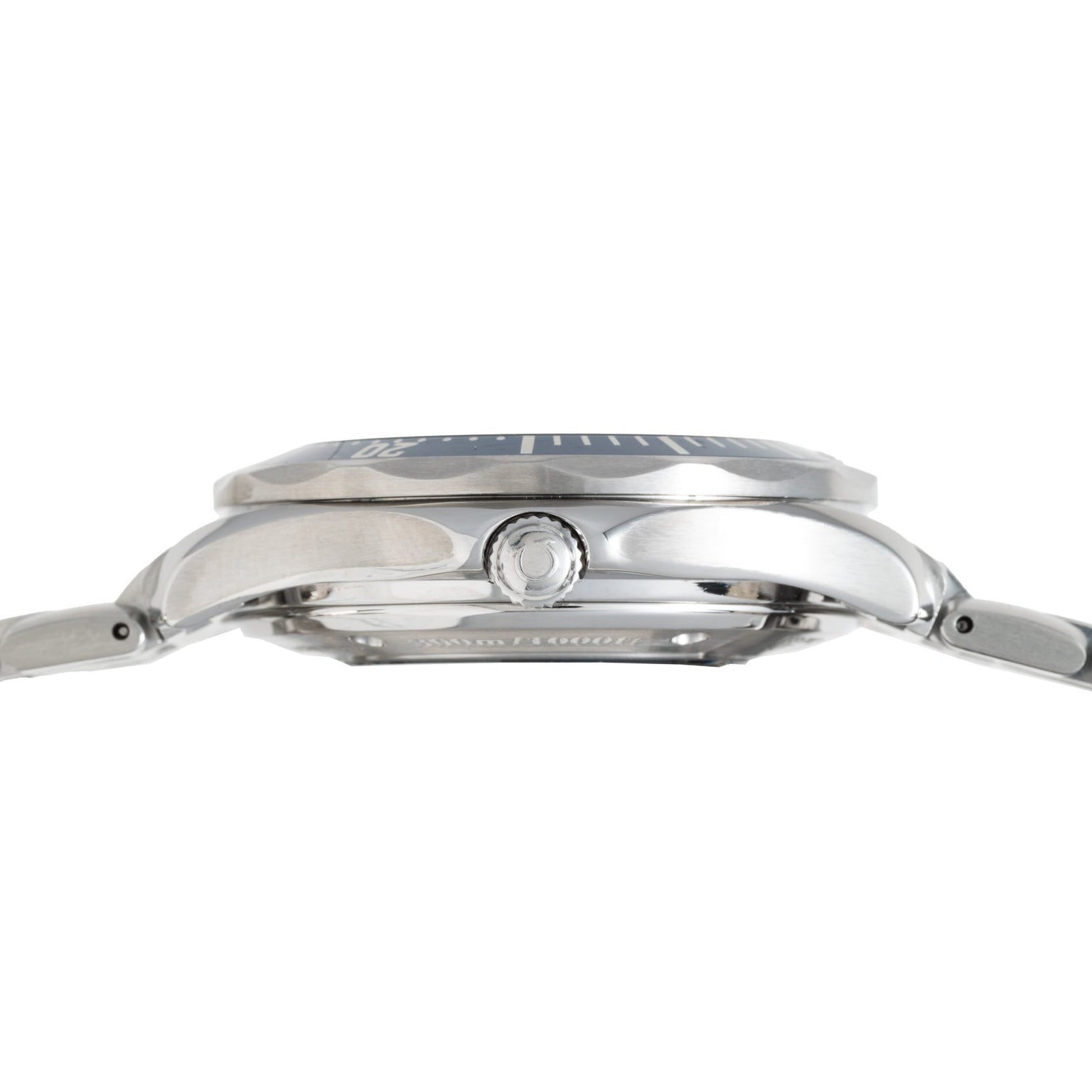 Side view of the OMEGA Seamaster 300 Professional GMT silver wristwatch, featuring a round crown and metal band, highlighting the watch’s thickness.