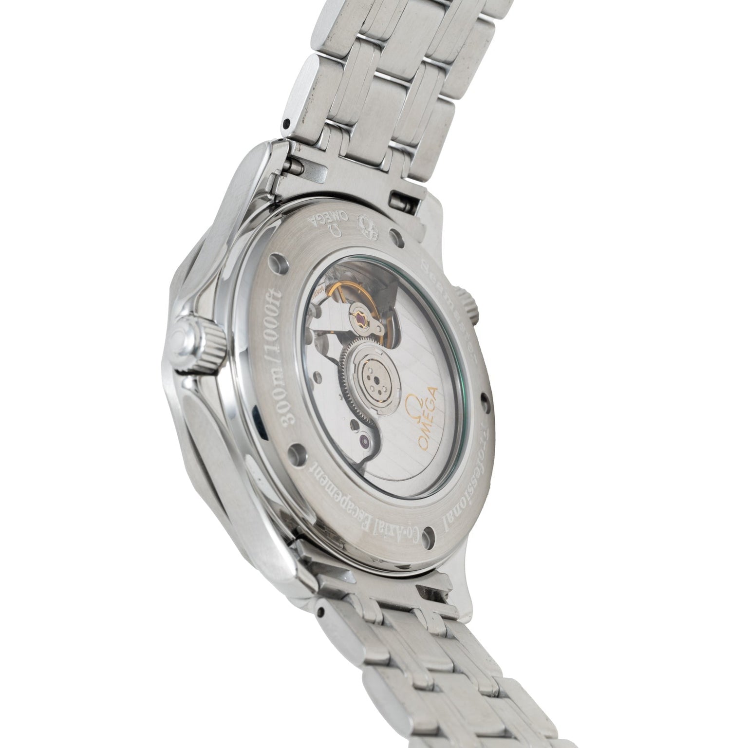 Close-up of the back of an OMEGA Seamaster 300 Professional GMT showing its mechanical movement and metal bracelet.