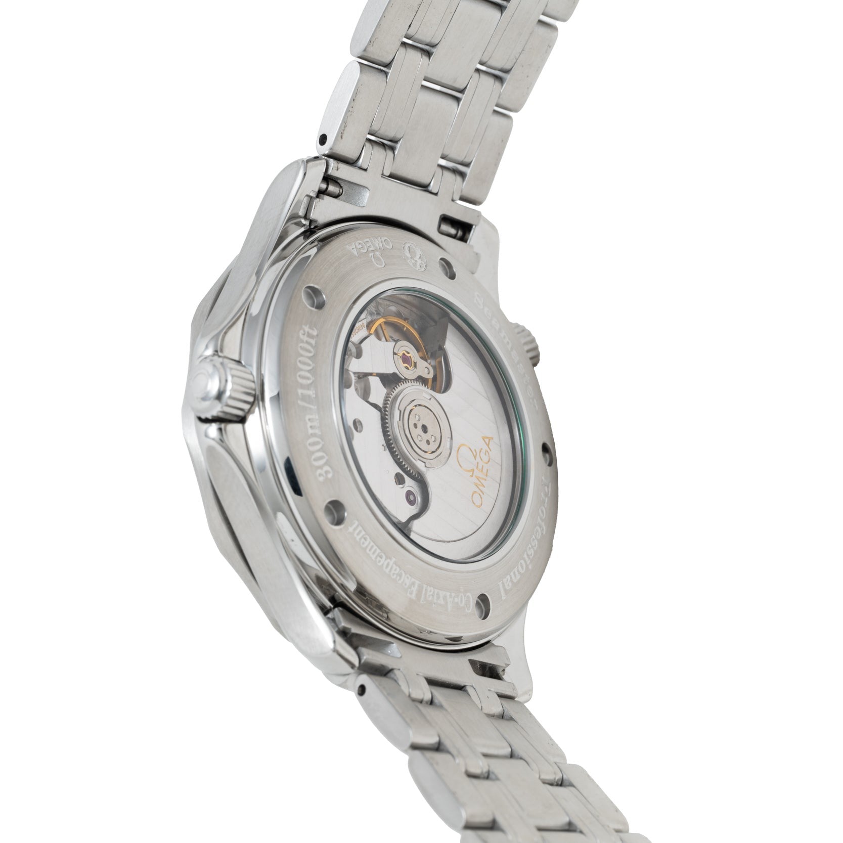 Close-up of the back of an OMEGA Seamaster 300 Professional GMT showing its mechanical movement and metal bracelet.
