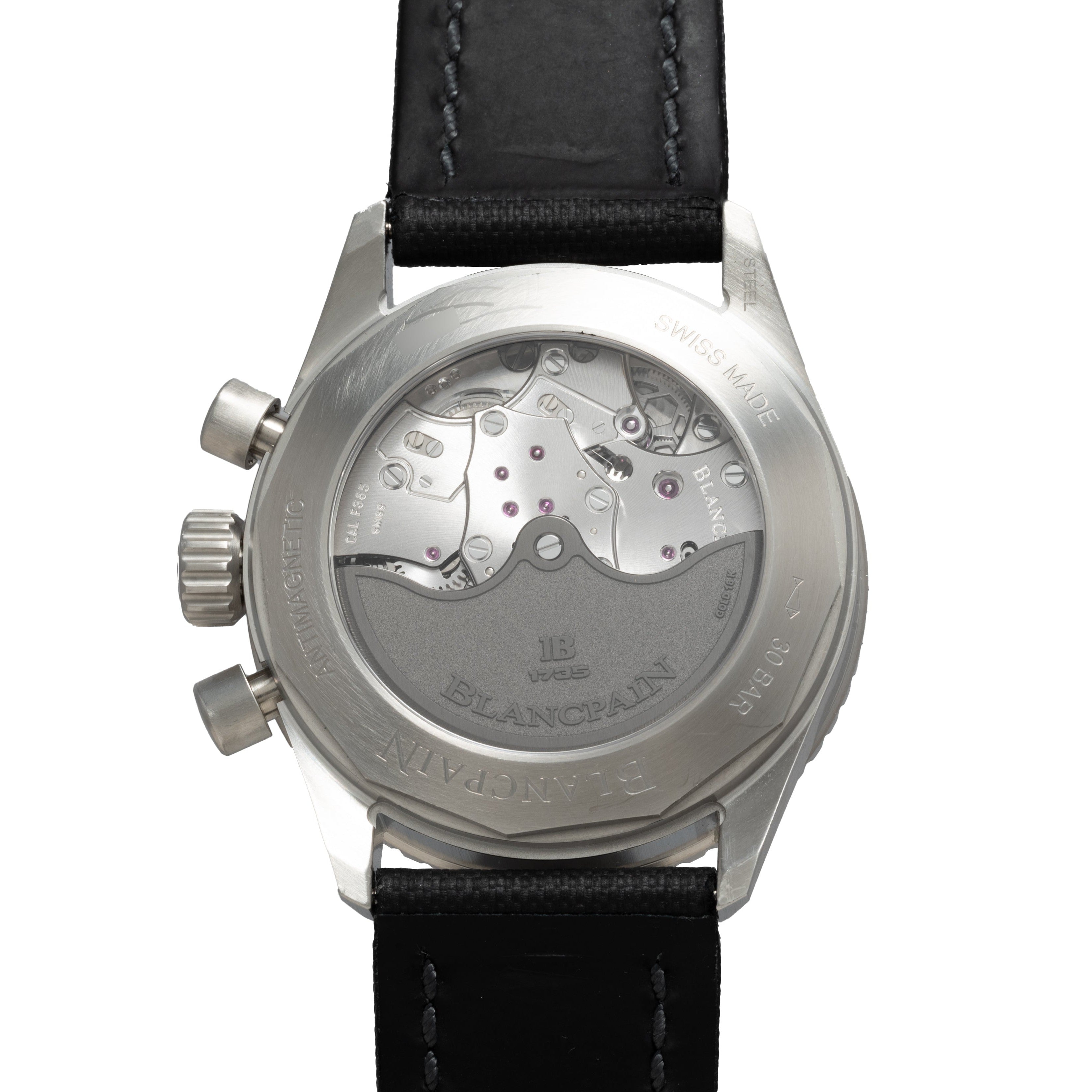 Back view of the Blancpain Fifty Fathoms Bathyscaphe Chronographe Flyback showing its mechanical movement, metal case, and black leather strap.