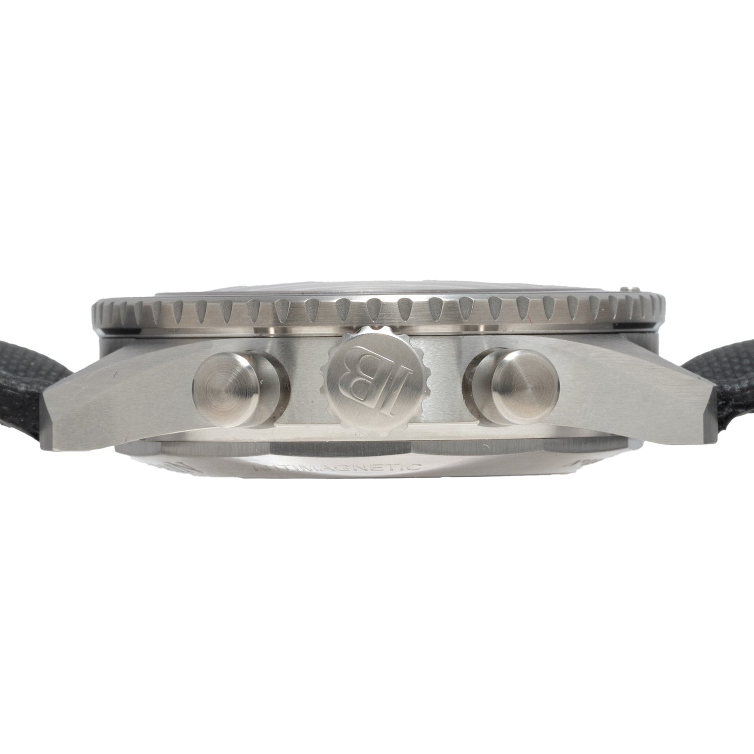 Side view of the Blancpain Fifty Fathoms Bathyscaphe Chronographe Flyback featuring a silver case with two pushers, a crown, and a textured bezel.