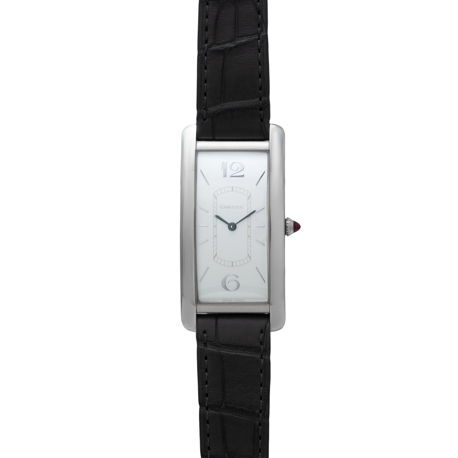 The Cartier Tank Cintrée Limited Edition is a rectangular silver watch featuring a white face, black leather strap, and simple black hands.