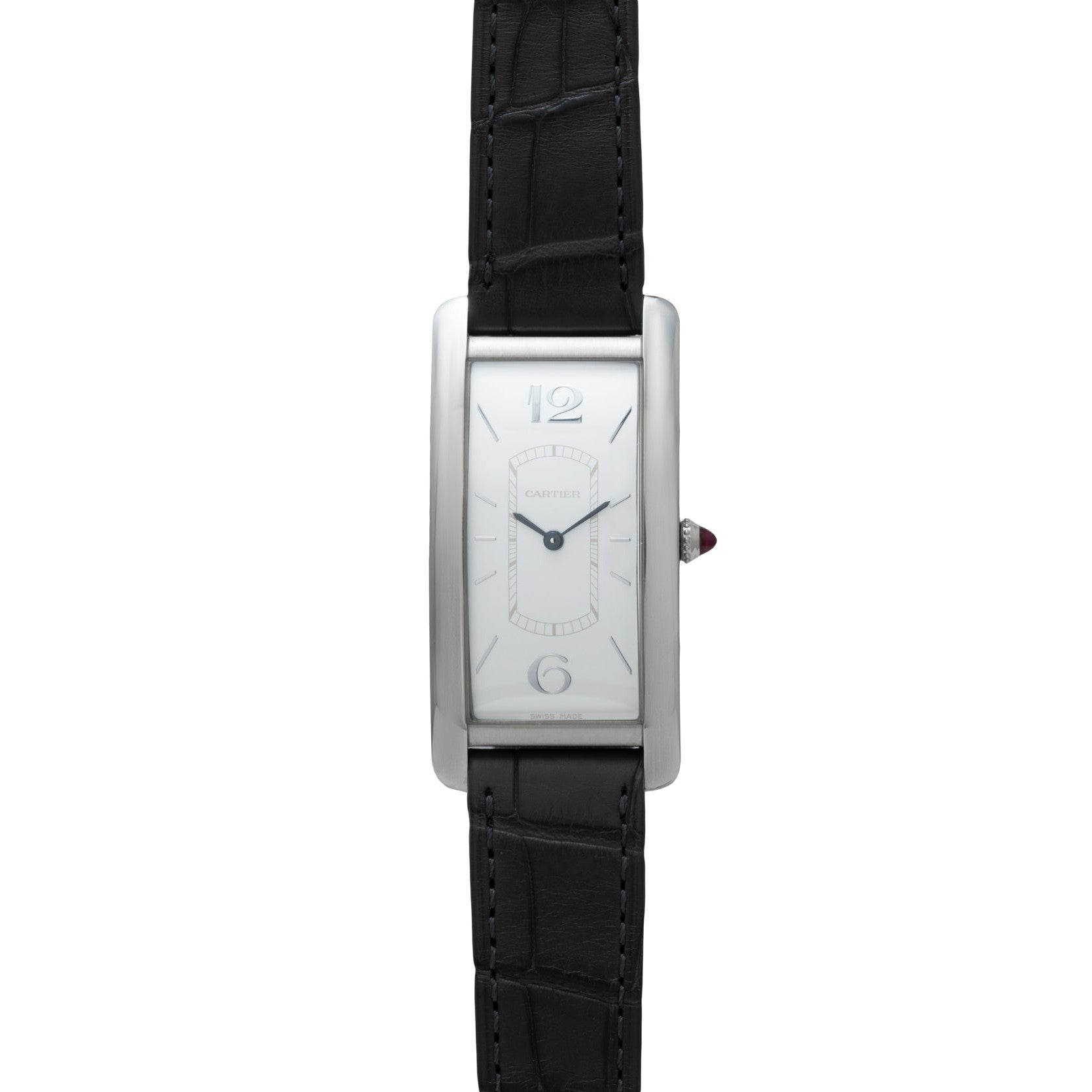 The Cartier Tank Cintrée Limited Edition is a rectangular silver watch featuring a white face, black leather strap, and simple black hands.