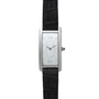 The Cartier Tank Cintrée Limited Edition is a rectangular silver watch featuring a white face, black leather strap, and simple black hands.