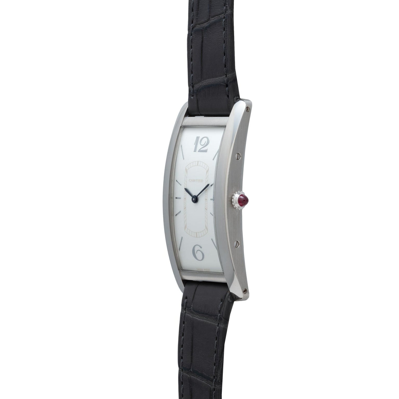 The Cartier Tank Cintrée Limited Edition is a silver rectangular wristwatch featuring a black leather strap, white face, and minimal hour markers.
