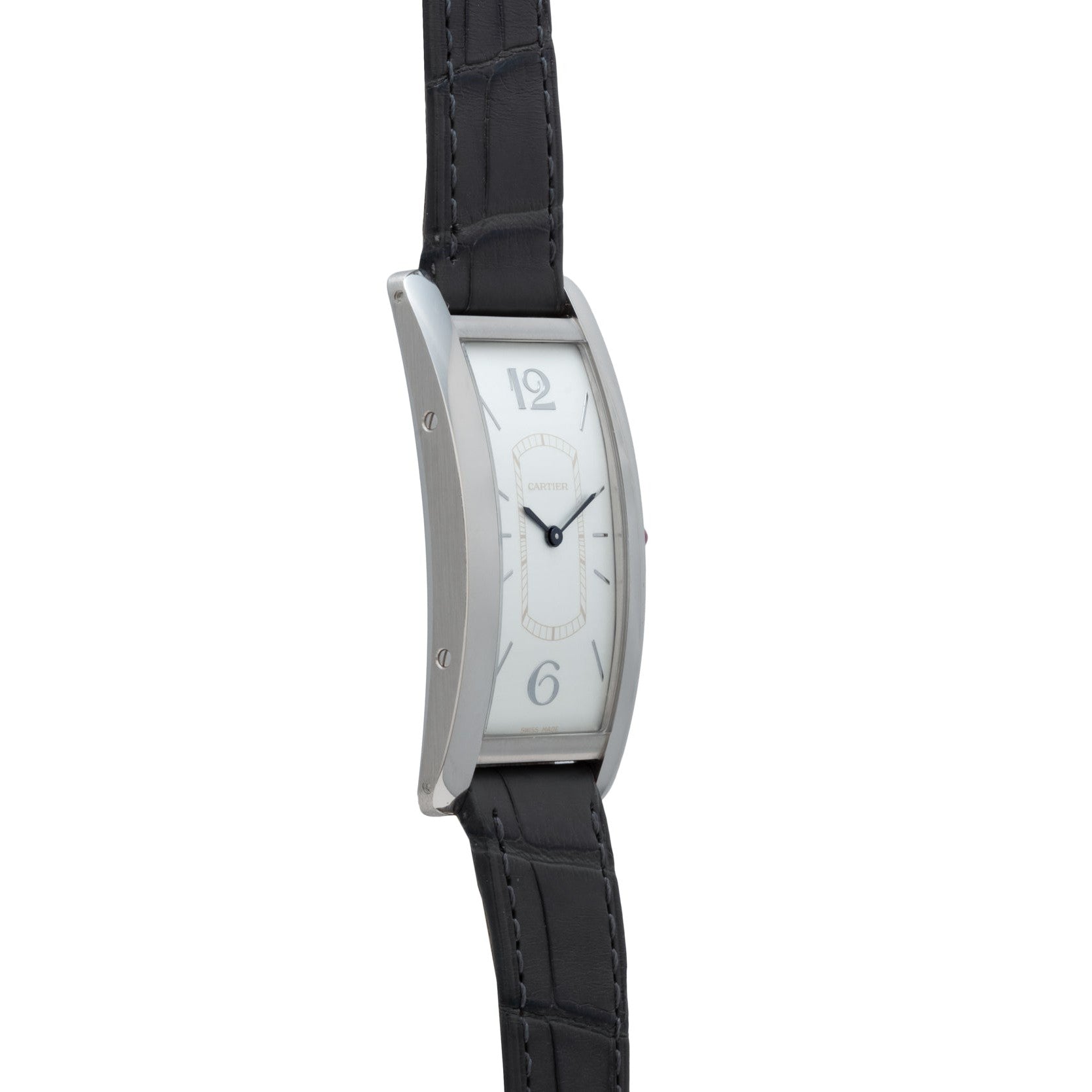 The Cartier Tank Cintrée Limited Edition is a silver rectangular watch with a white face, black leather strap, and black hour markers at 12 and 6.