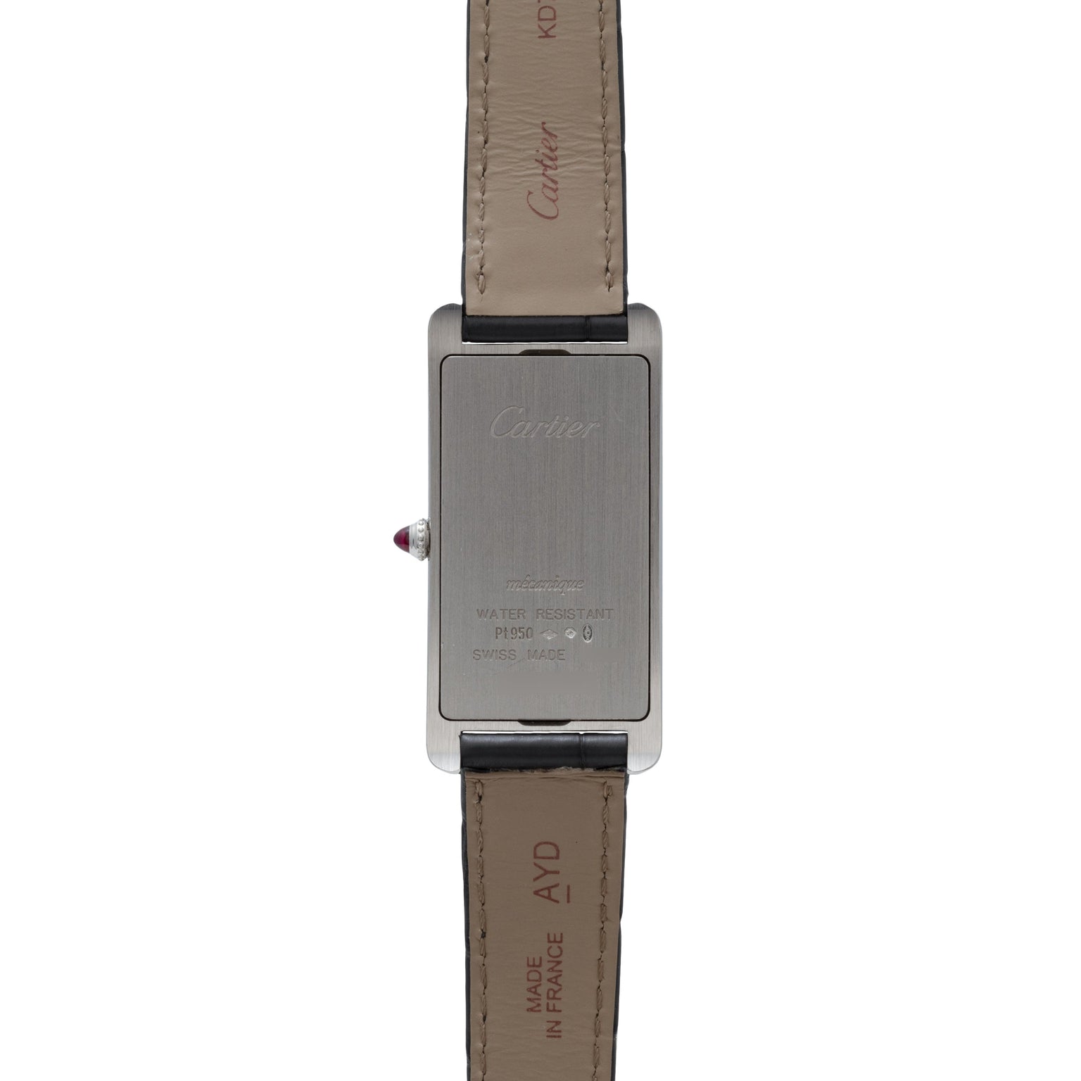 Back view of the Cartier Tank Cintrée Limited Edition wristwatch with a rectangular case and leather strap, featuring engraved details.