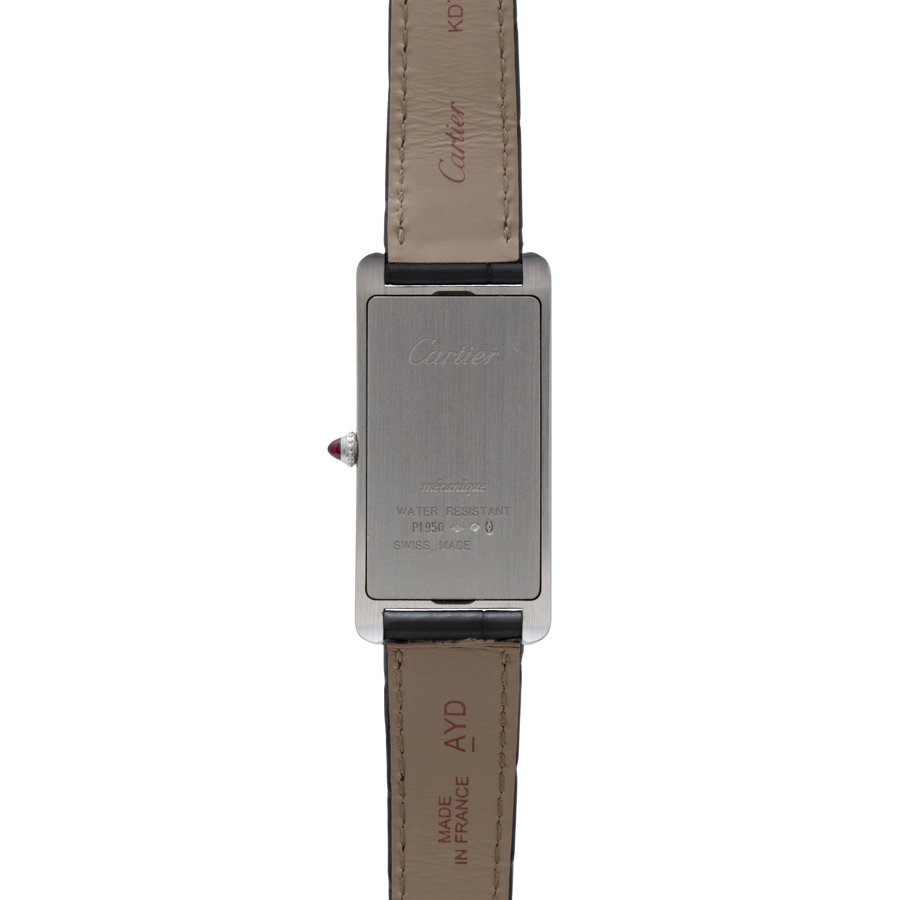 Back view of the Cartier Tank Cintrée Limited Edition wristwatch with a rectangular case and leather strap, featuring engraved details.