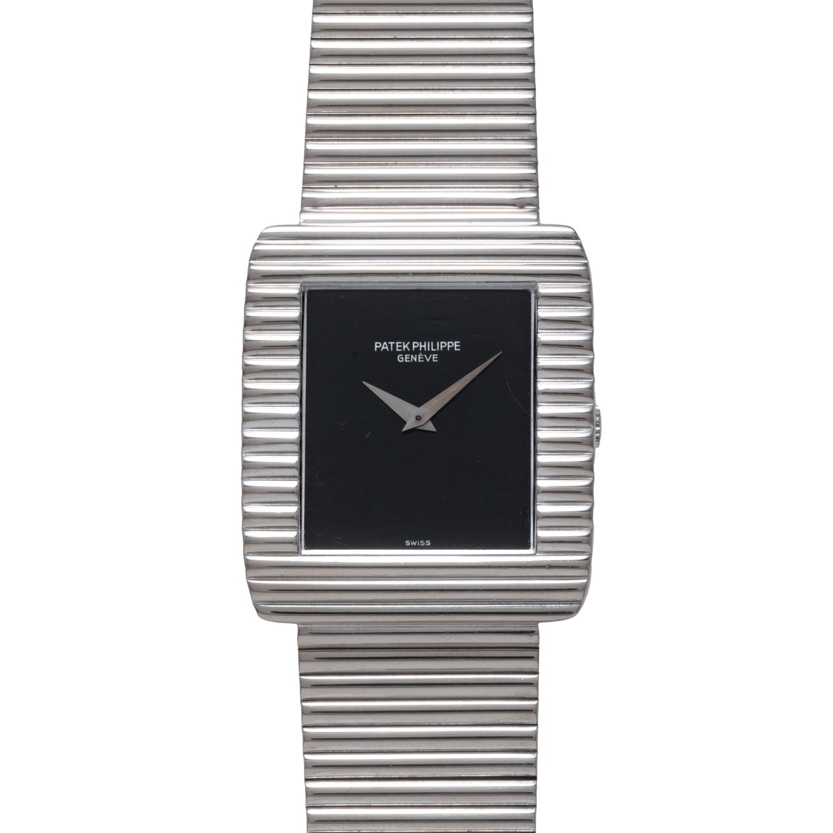 A Patek Philippe Ellipse Gondolo Onyx wristwatch featuring a silver ribbed band and a rectangular black dial.